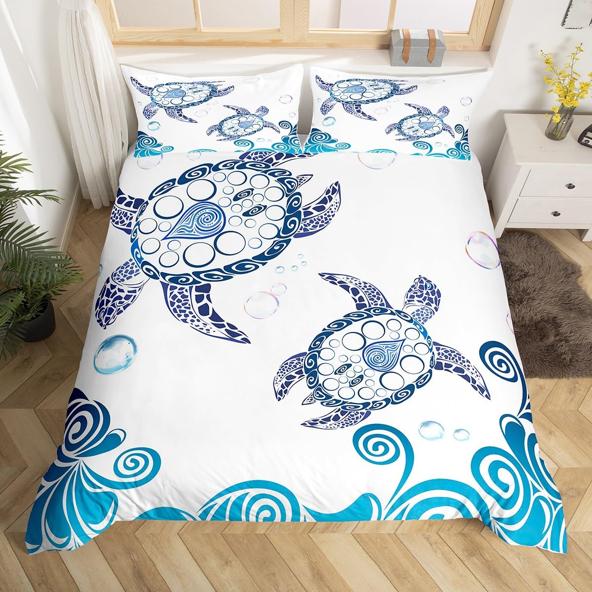 Soft Microfiber Turtle Print Duvet Cover Set - Full Size White & Blue Sea Turtle Pattern Bedding - Cute Ocean Themed Quilt Cover for Kids & Adults - Perfect for Beach House Decor, Coastal Bedroom, and Marine Lover's Home