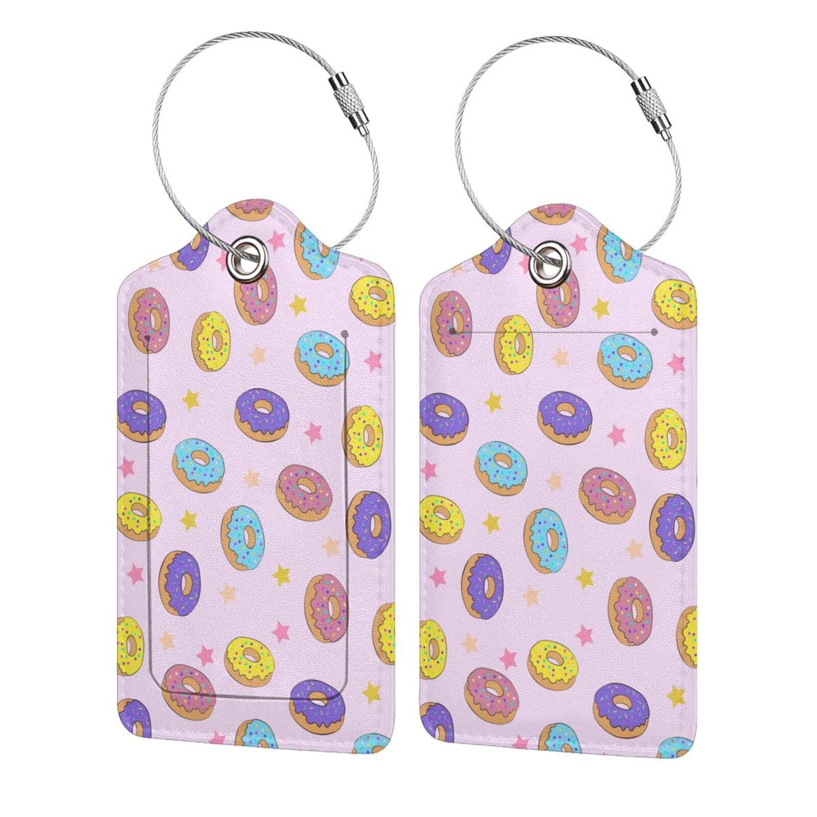 2 Pack Colorful Star Donut PU Leather Luggage Tags with Stainless Steel Loop - Privacy Cover ID Label - Stylish Travel Baggage Tags for Women, Men & Kids - Perfect for Airports, Cruises & Business Trips