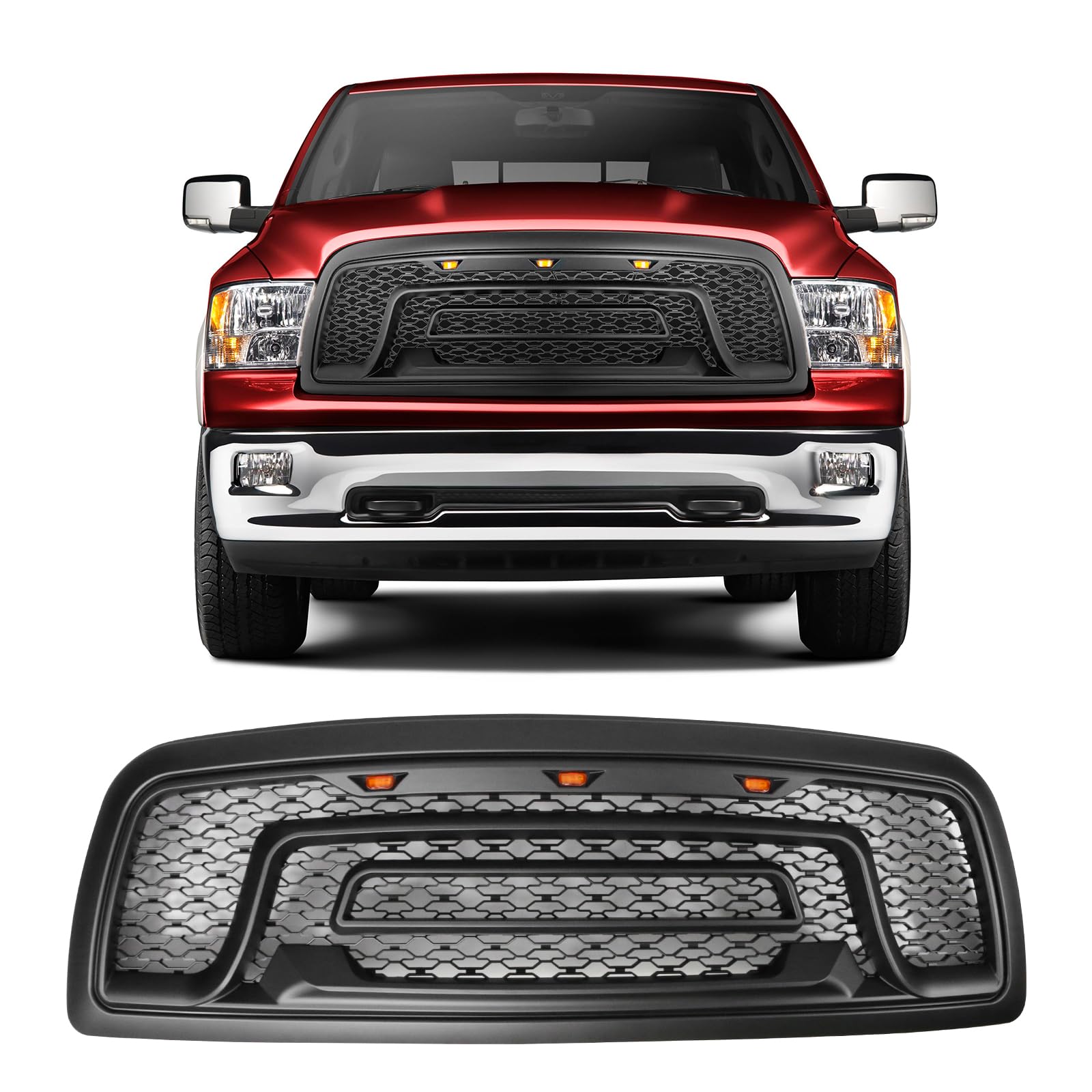 IKON MOTORSPORTS Matte Black Mesh Grille for 2009-2012 Dodge Ram 1500 - Upper Front Bumper Hood Grill Shell with LED Signal Lights | Perfect for Off-Roading & Truck Customization