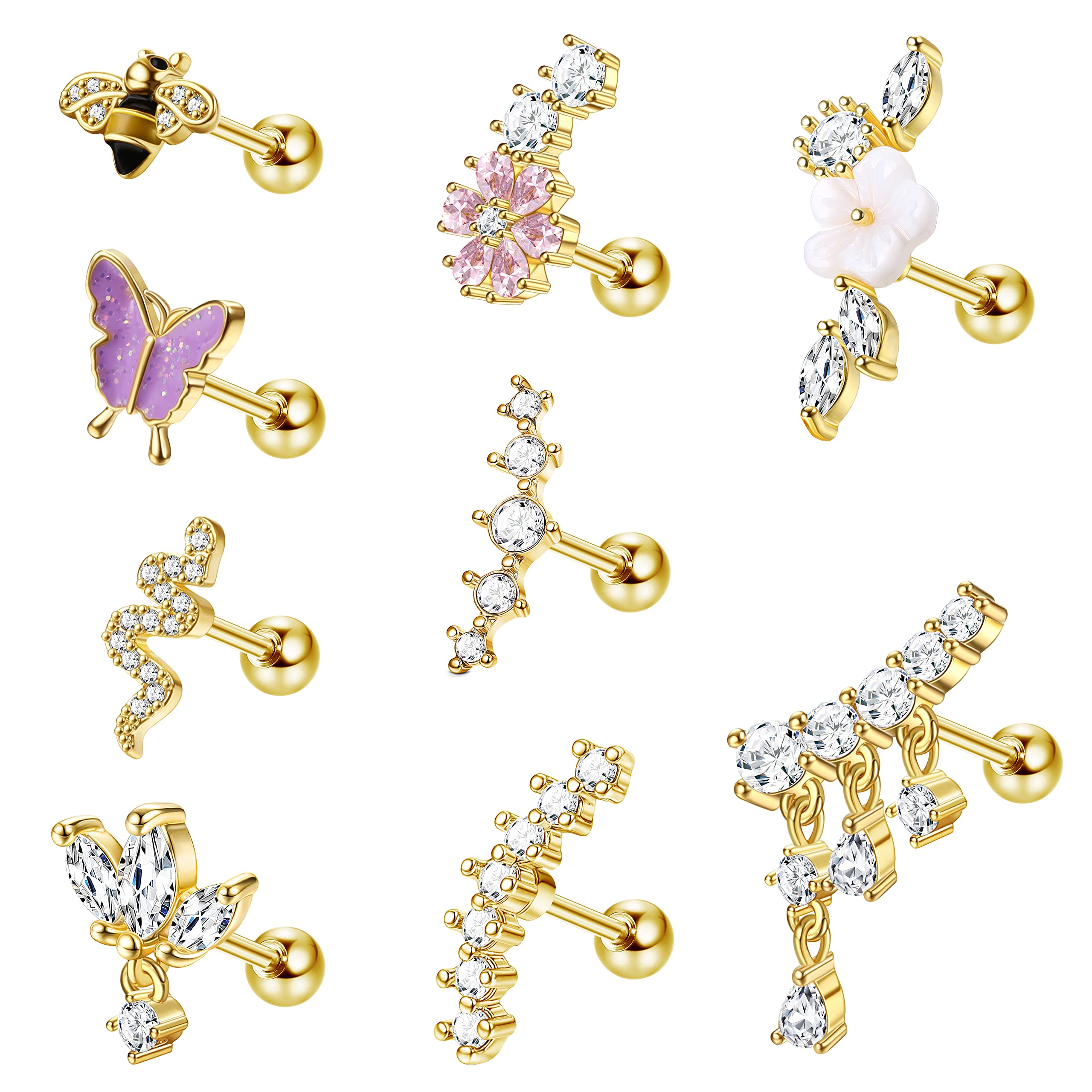 Kakonia 16G Stainless Steel Cartilage Earrings for Women - Silver, Gold, Rose Gold & Black Helix & Conch Stud Earrings | Hypoallergenic Piercing Jewelry for Everyday Wear & Special Occasions