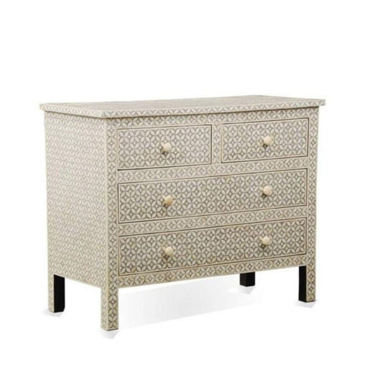Handmade Bone Inlay Geometric Dresser with 4 Drawers - Grey Vintage Bohemian Bedroom Furniture for Home Decor & Storage