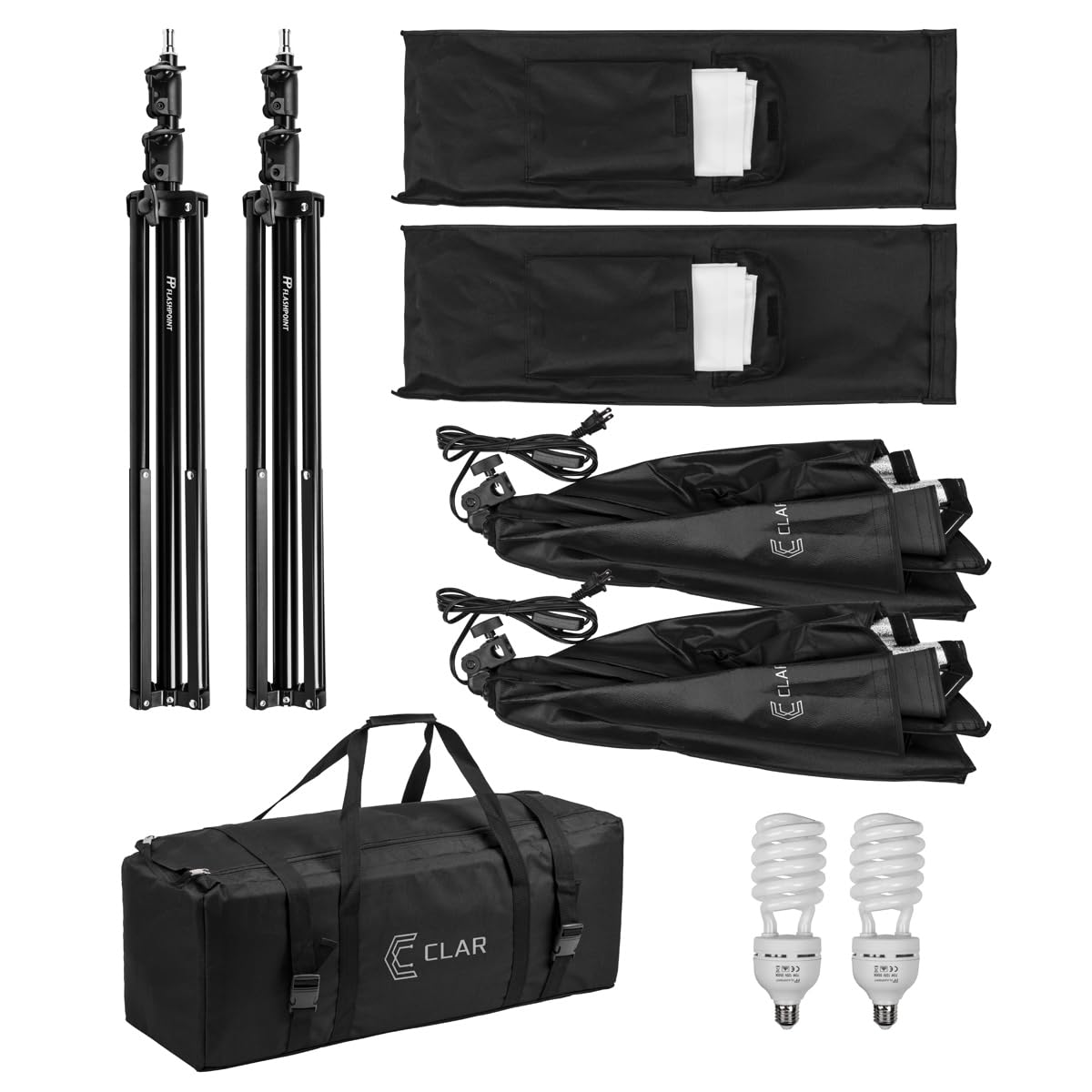 CLAR 2-Light SoftBox Photography Lighting Kit with 5500K Fluorescent Bulbs, Adjustable Stands & Carrying Case - Professional Continuous Cool Lighting for Studio, Portrait, YouTube & Video Production