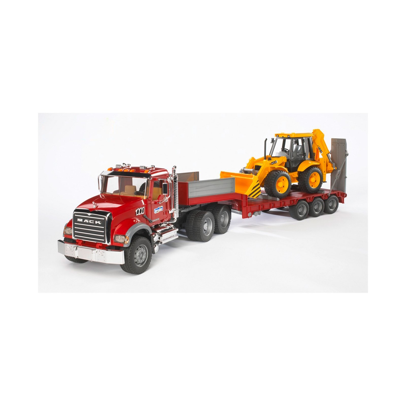 Bruder Toys 02813 Mack Granite Flatbed Truck with JCB Loader Backhoe - Realistic Construction Vehicle Toy for Kids Ages 3+ | Pretend Play, Sandbox Fun & Collectible Die-Cast Model