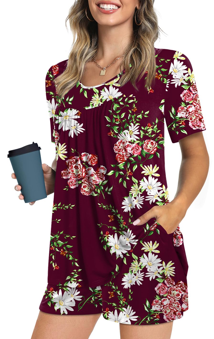 POPYOUNG Women's Summer Pajama Set - 2 Piece Short Sleeve Top & Comfy Shorts with Pockets, Soft Lounge Sleepwear for Women | Perfect for Bedtime, Relaxing at Home & Vacation Wear