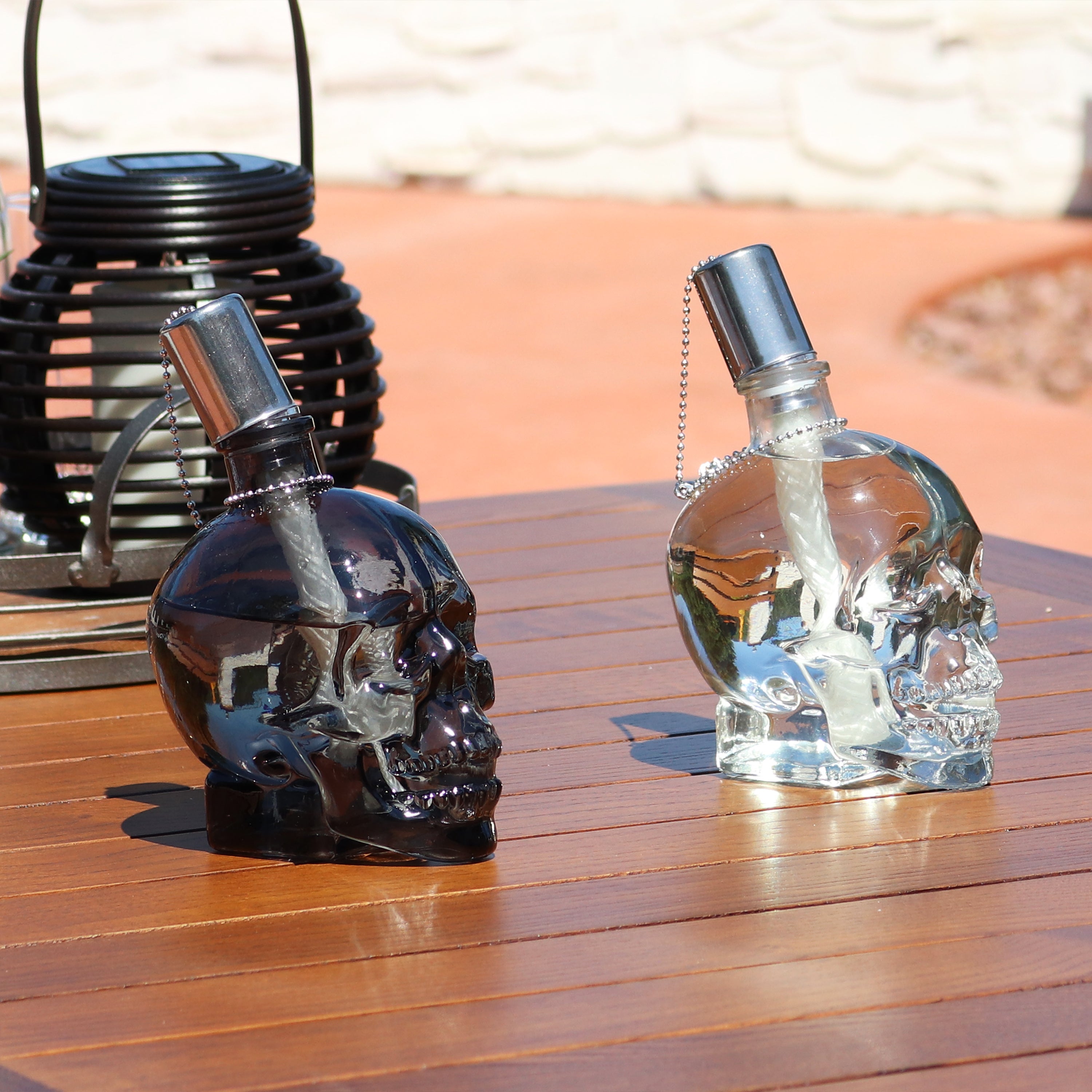 Sunnydaze Grinning Skull Glass Tabletop Torches - Black & Clear Outdoor Decor for Halloween, Patio & Garden Parties