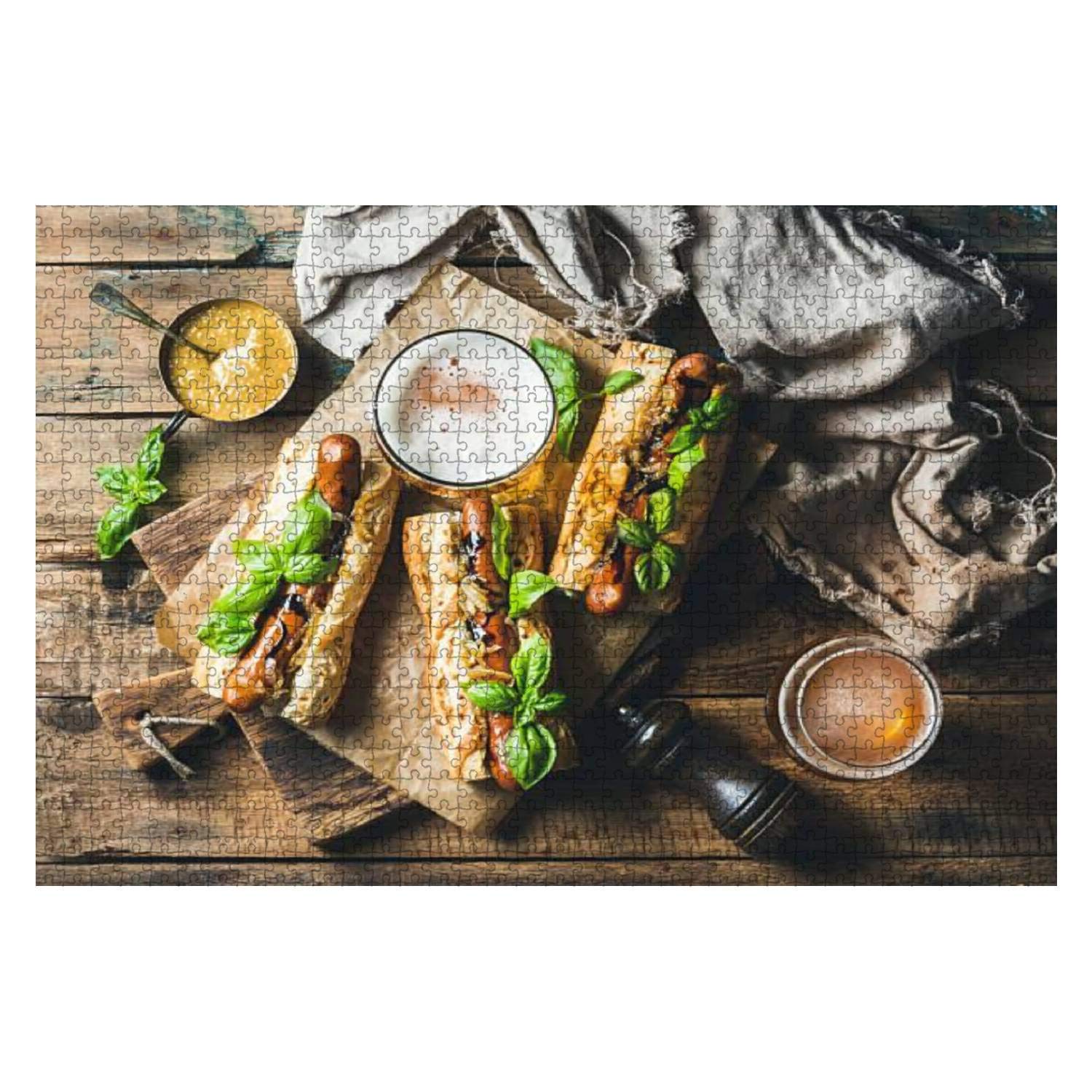 1000-Piece Wooden Jigsaw Puzzle - Wheat Unfiltered Beer & Grilled Sausage Dogs in Baguette - Educational Brain Teaser for Adults & Kids - Stress Relief Game - Perfect for Family Game Night, Party Entertainment & Cognitive Development