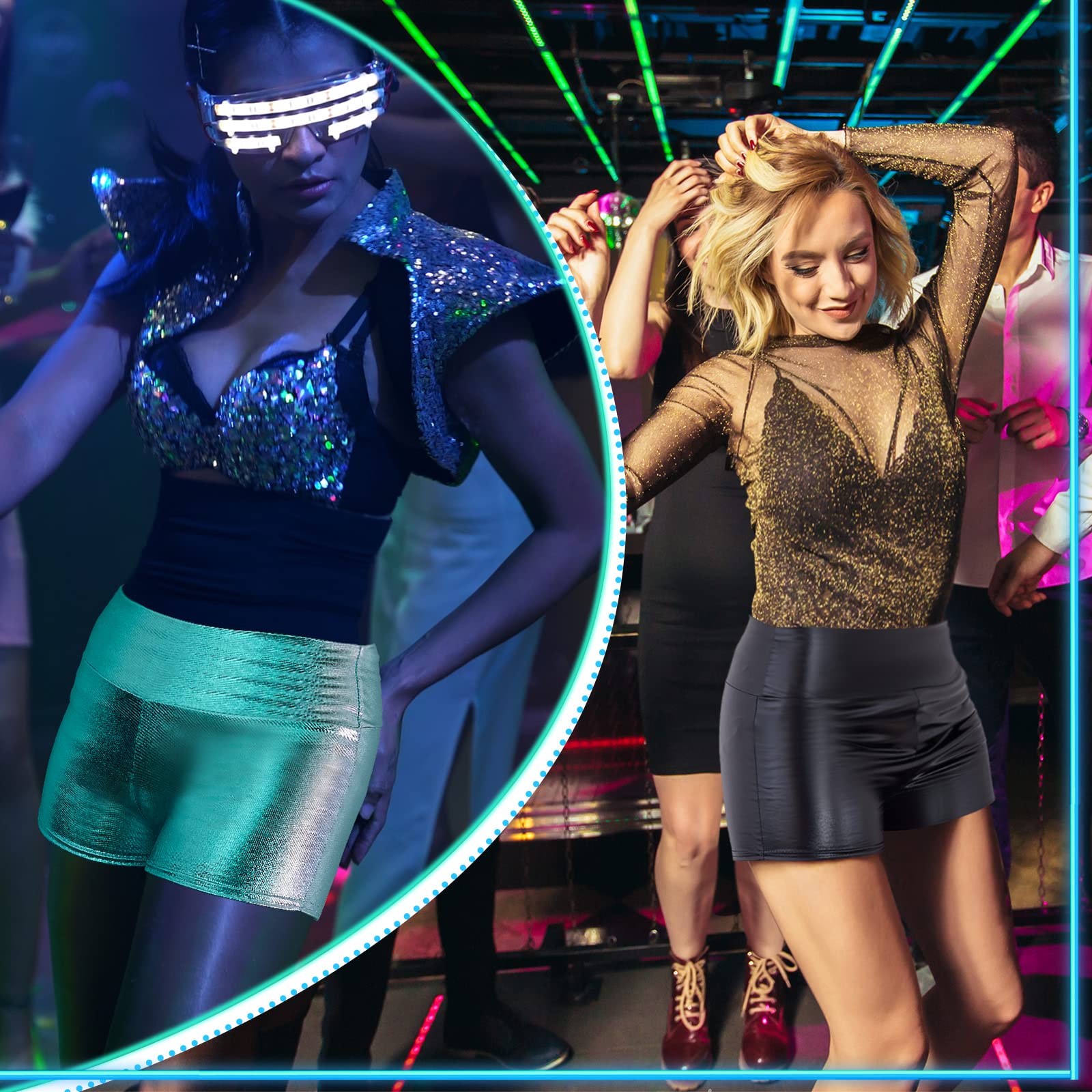 Zhanmai Women's High Waisted Metallic Booty Shorts - Shiny Black & Silver Dance Shorts for Fitness, Rave, Cosplay & Performance Costumes