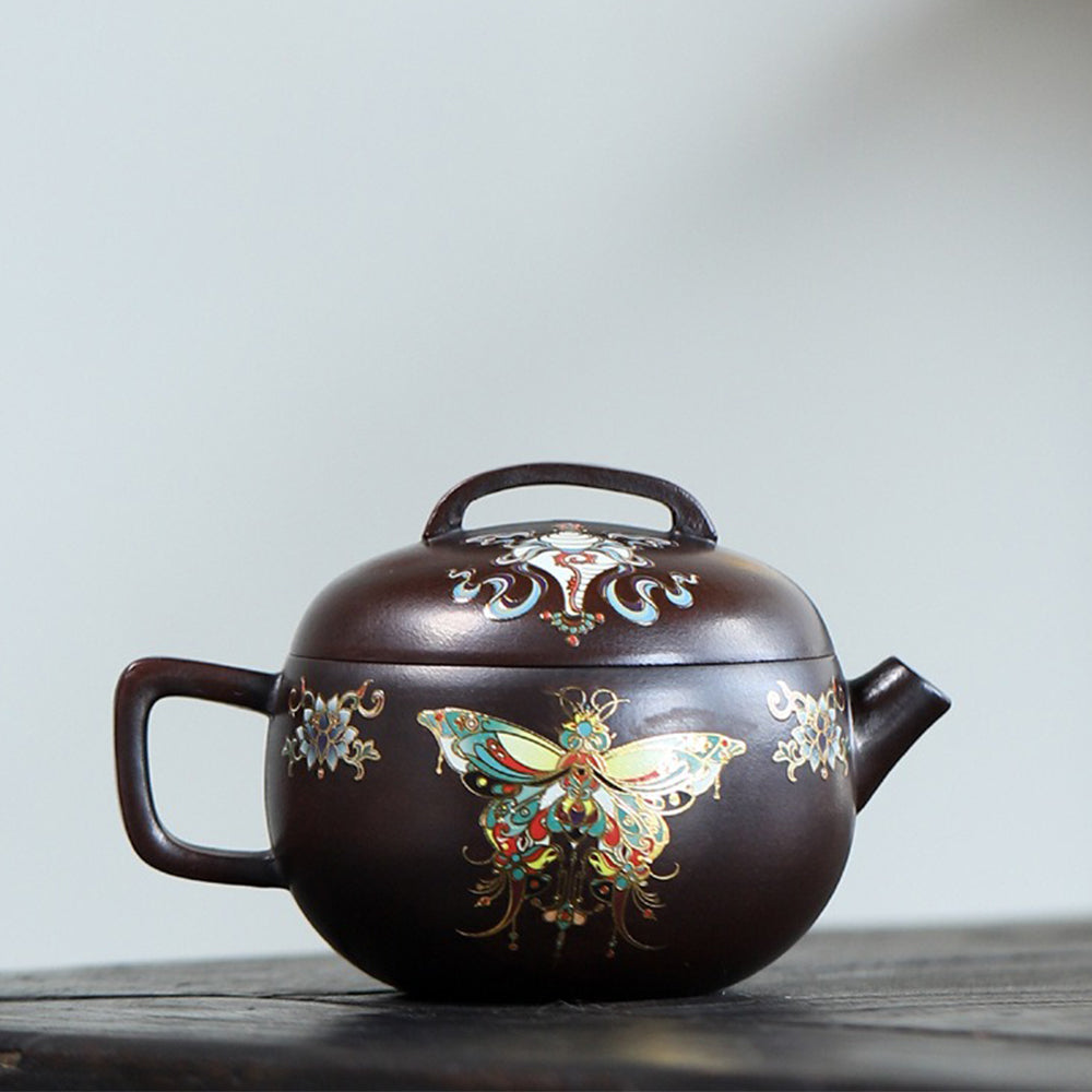 Premium Yixing Purple Clay Teapot with Enamel Butterfly Design - Authentic Chinese Handcrafted Ceramic Tea Pot for Gongfu Tea Ceremony, Home Decor & Gift