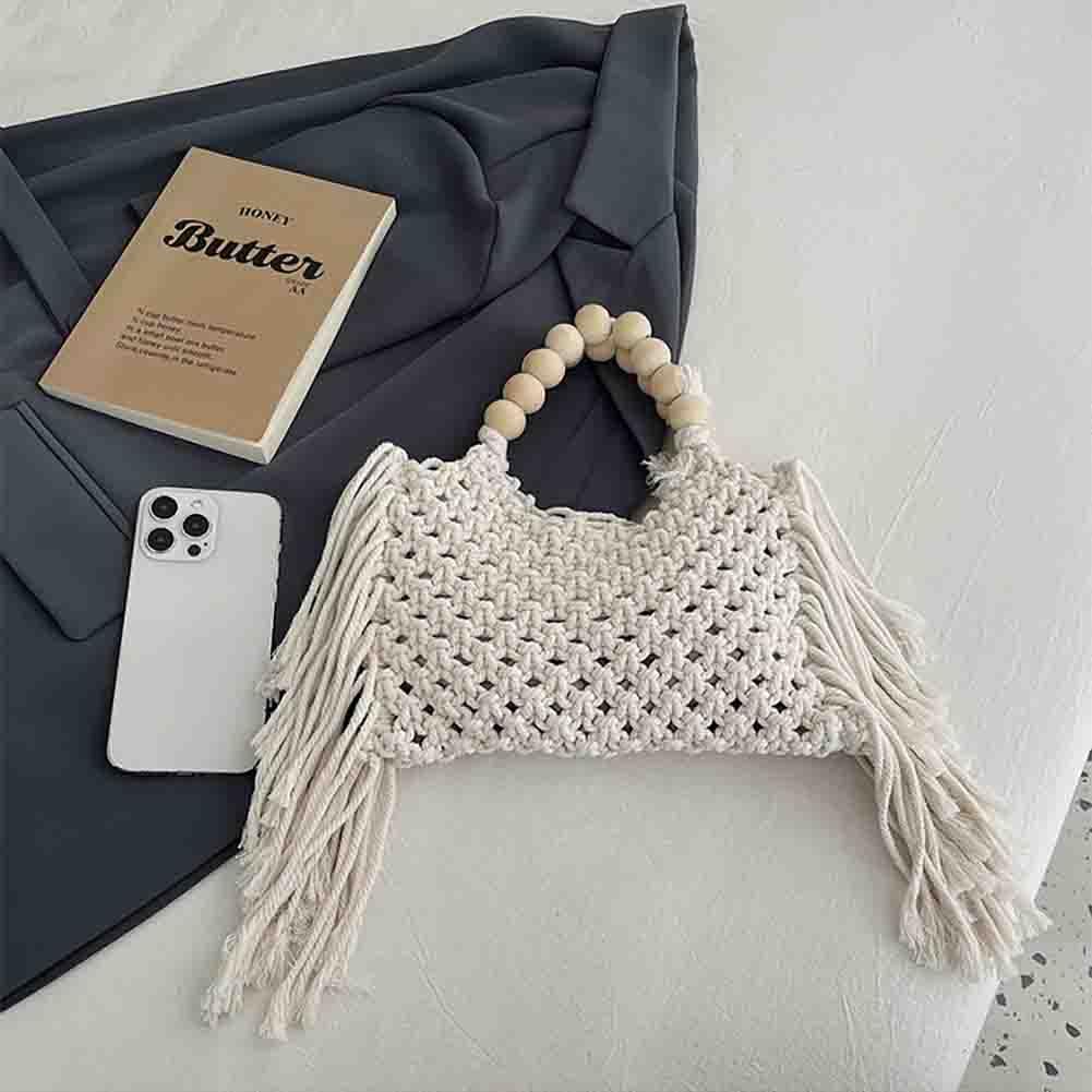 Handwoven Cotton Rope Tassel Beach Bag with Wooden Beads - Bohemian Crochet Straw Tote Purse for Women | Perfect for Summer Vacations, Beach Trips, and Boho Fashion Accessories