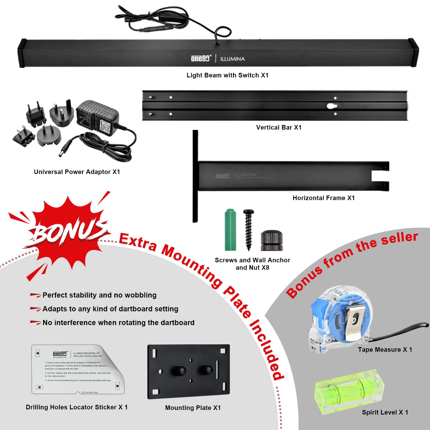 ILLUMINA Dartboard Lighting System - Minimal Shadow & Clear Vision Design with Natural Sunlight Effect | Includes Tape Measure & Spirit Level | Perfect for Home Game Rooms, Bars & Professional Dart Tournaments (Dartboard & Surround Not Included)
