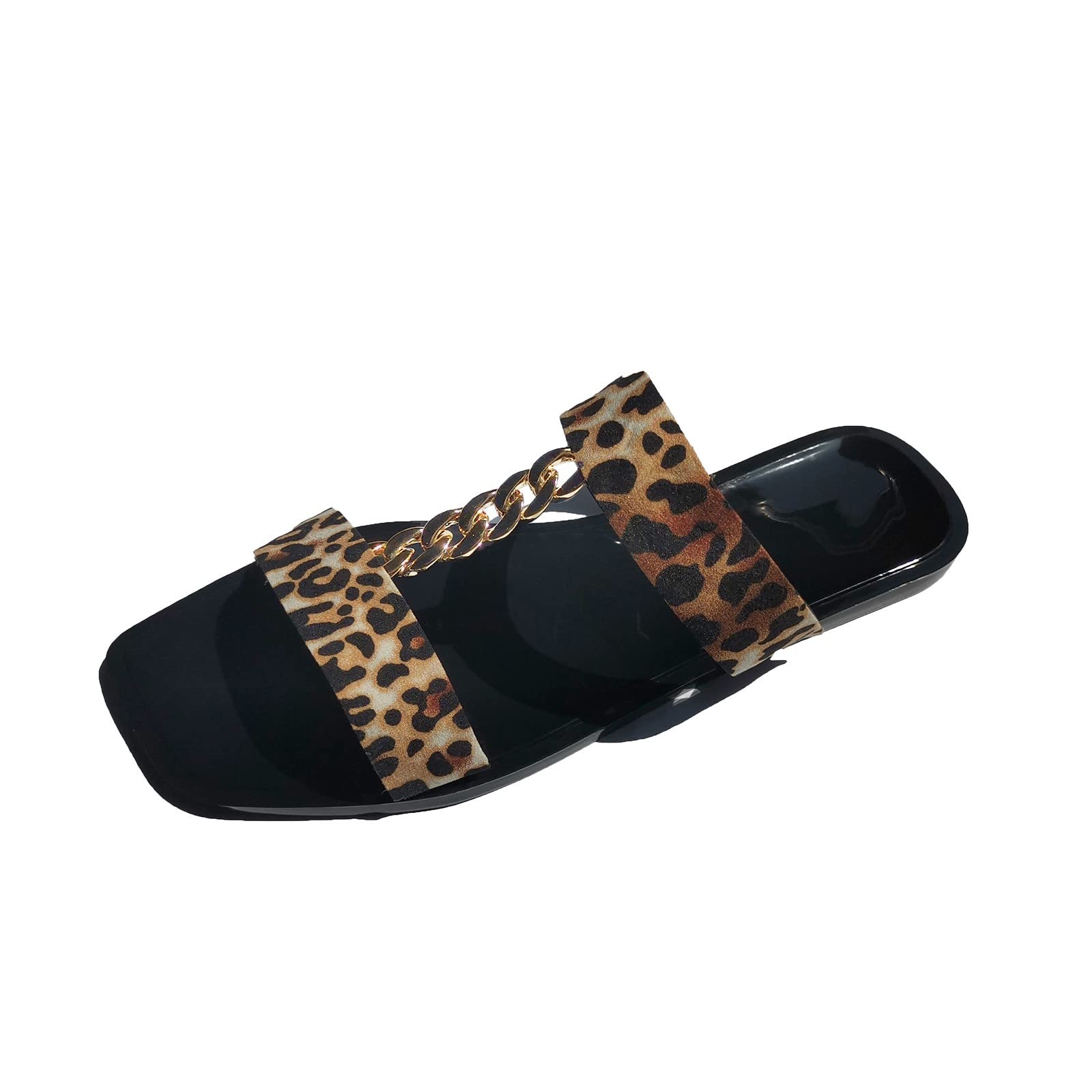 Women's Fashion Summer Slippers with Metal Chain Detail - Square Toe Flat Slides in Leopard Print (Brown, Size 8) | Comfortable House Shoes for Lounge, Beach & Casual Wear