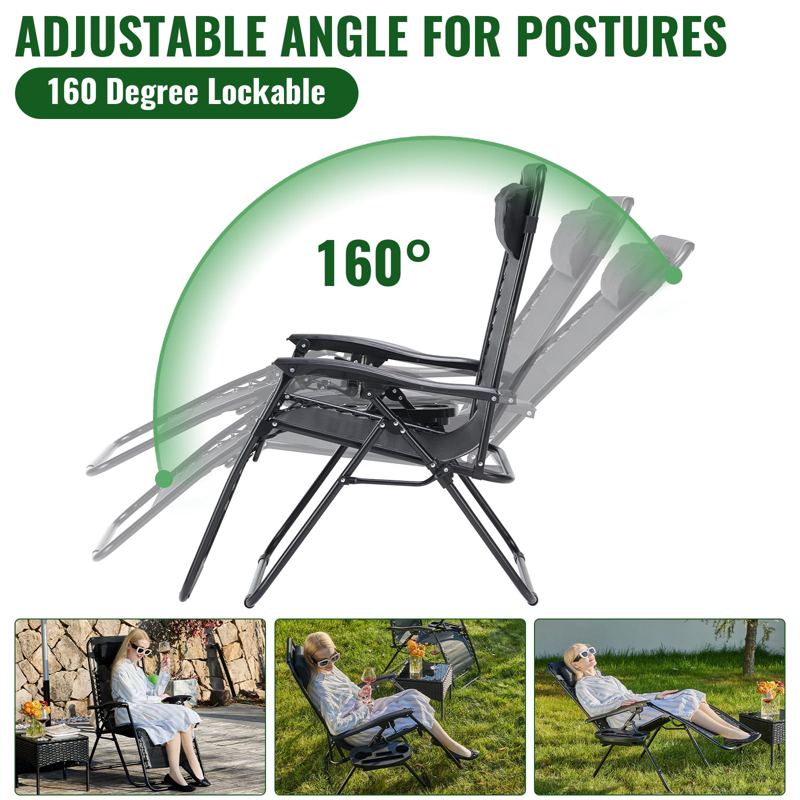 2 Pack Zero Gravity Lounge Chairs - Adjustable Ergonomic Recliners with Sturdy Steel Frame & Breathable Mesh Support - Outdoor Patio Folding Chairs for Pool, Beach, Backyard & Garden Relaxation - Includes Pillow & Cup Holder (Classic Black)