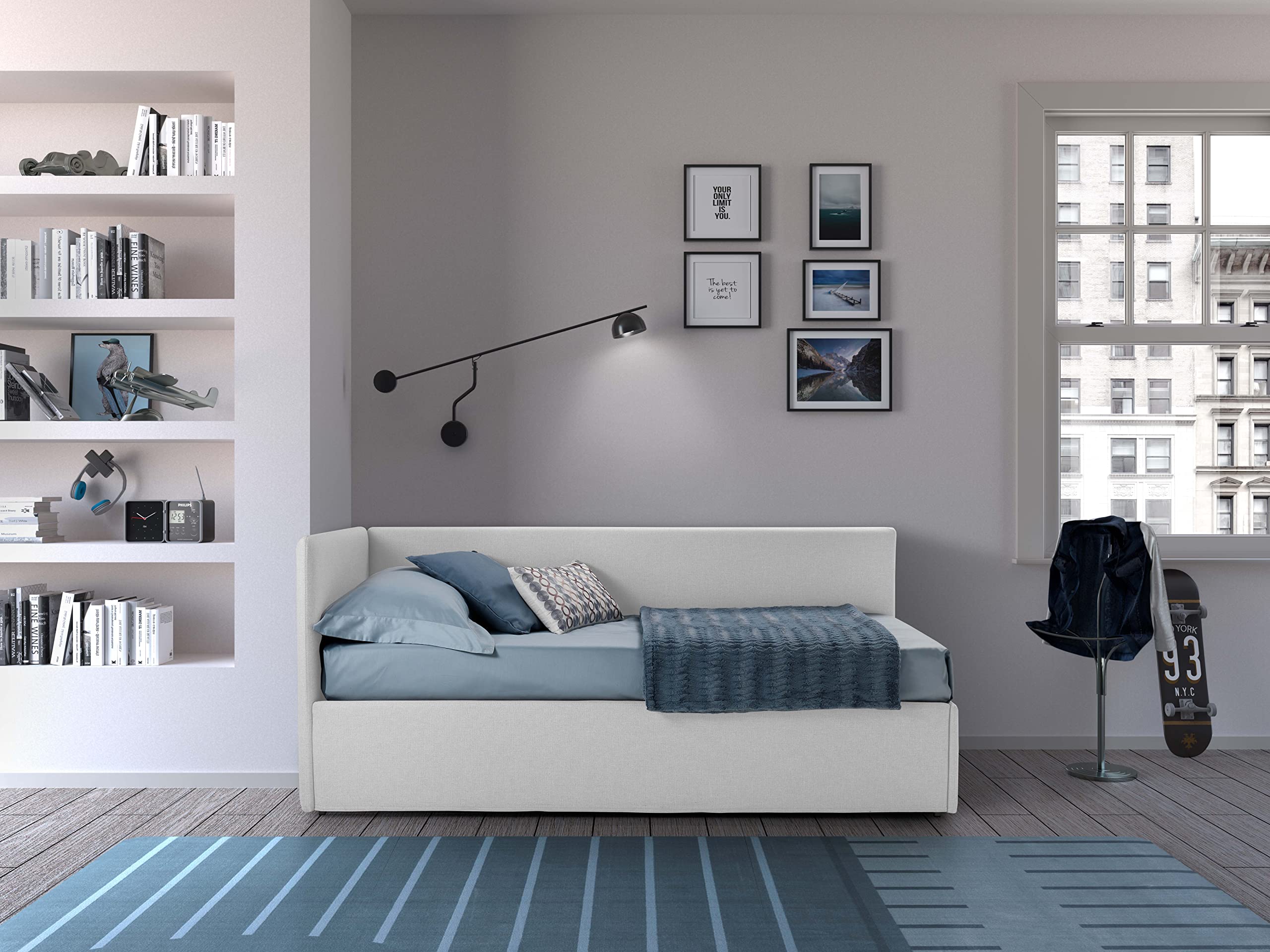 Evergreenweb – Orthopedic Slat Bed with Removable Trundle – Includes Mattress and Cushions – White Synthetic Leather Upholstery – Left-Sided Headboard – Made in Italy – Duplex – Perfect for Guest Rooms, Small Apartments & Modern Bedroom Decor