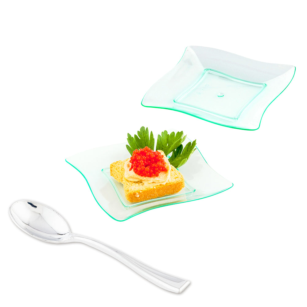 100-Pack Square Seagreen Plastic Aqua Plates & 100-Pack Silver Plastic Mini Spoons - Perfect for Birthday Parties, Baby Showers, and Outdoor Picnics