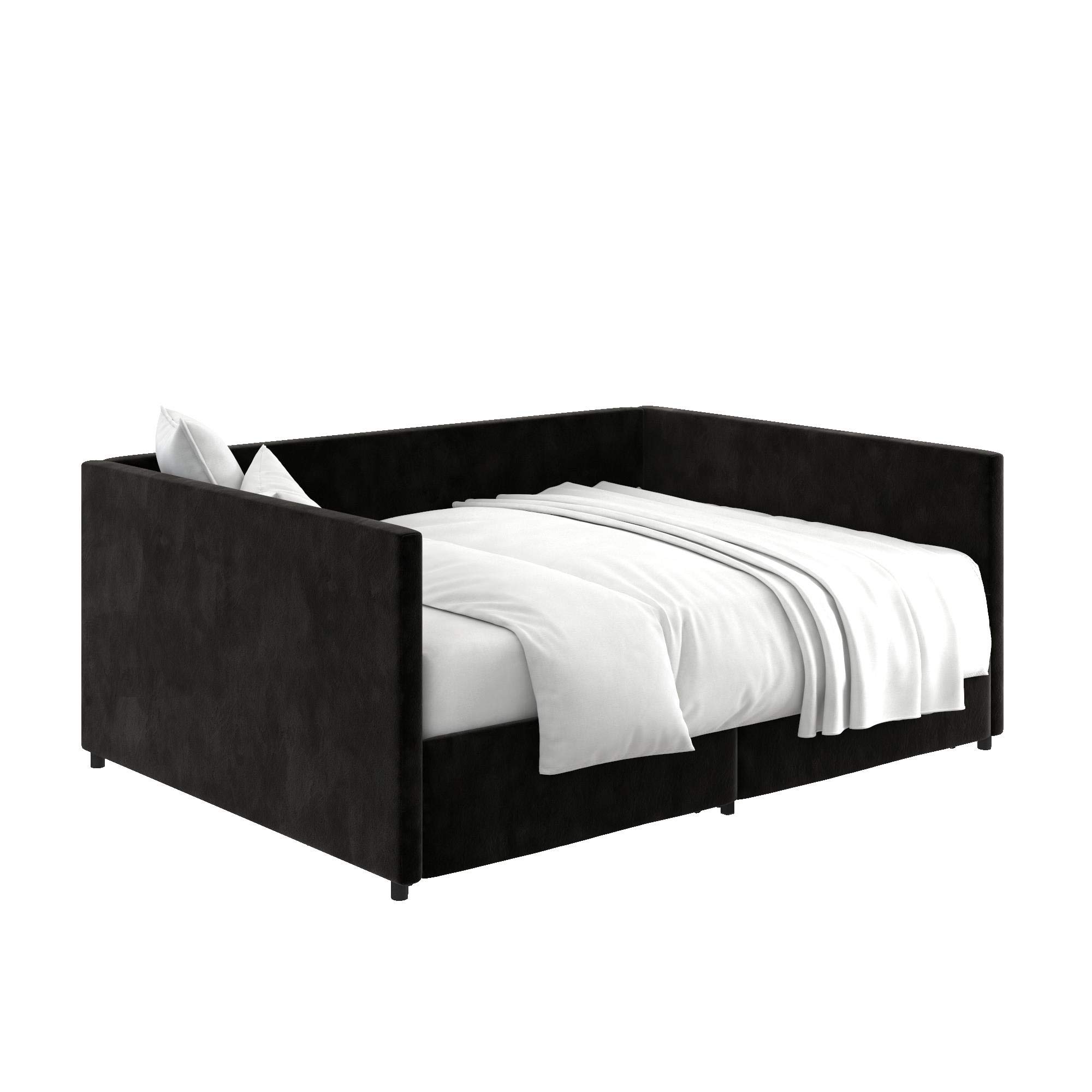 DHP Theo Full Size Daybed with Storage Drawers - Black Velvet Upholstered Sleeper Sofa for Guest Room, Dorm & Small Space Living