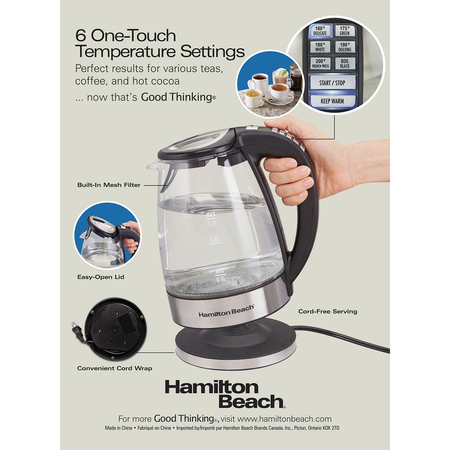 Hamilton Beach 40941C Glass Cordless Electric Kettle - 6 Programmable Temperature Settings, Fast Boiling, Auto Shut-Off & Boil-Dry Protection - Perfect for Tea, Coffee & Instant Meals in Home or Office