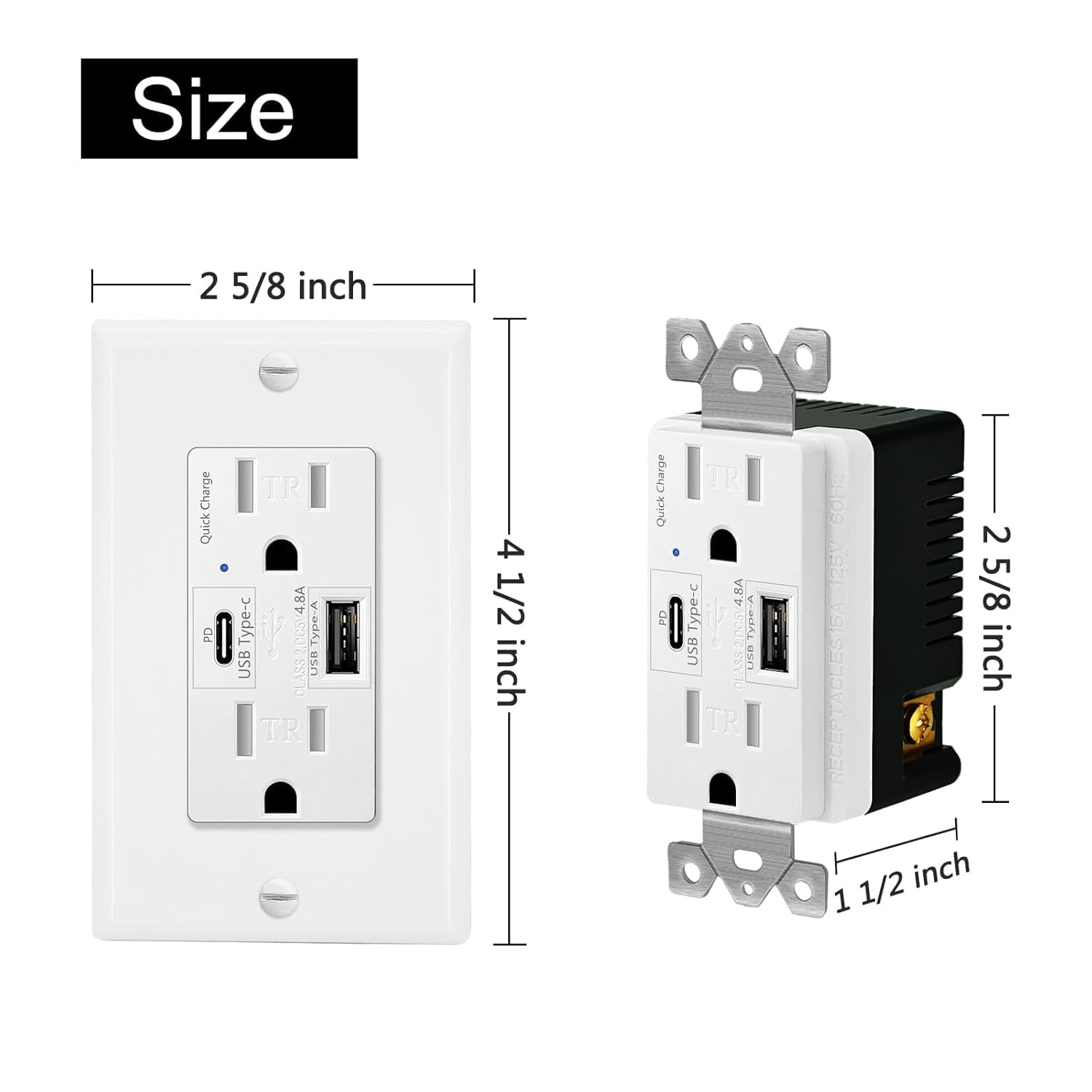 Fast Charge USB C Outlet 24W PD - 15A Wall Outlet with 4.8A USB A/C Ports for Home & Office