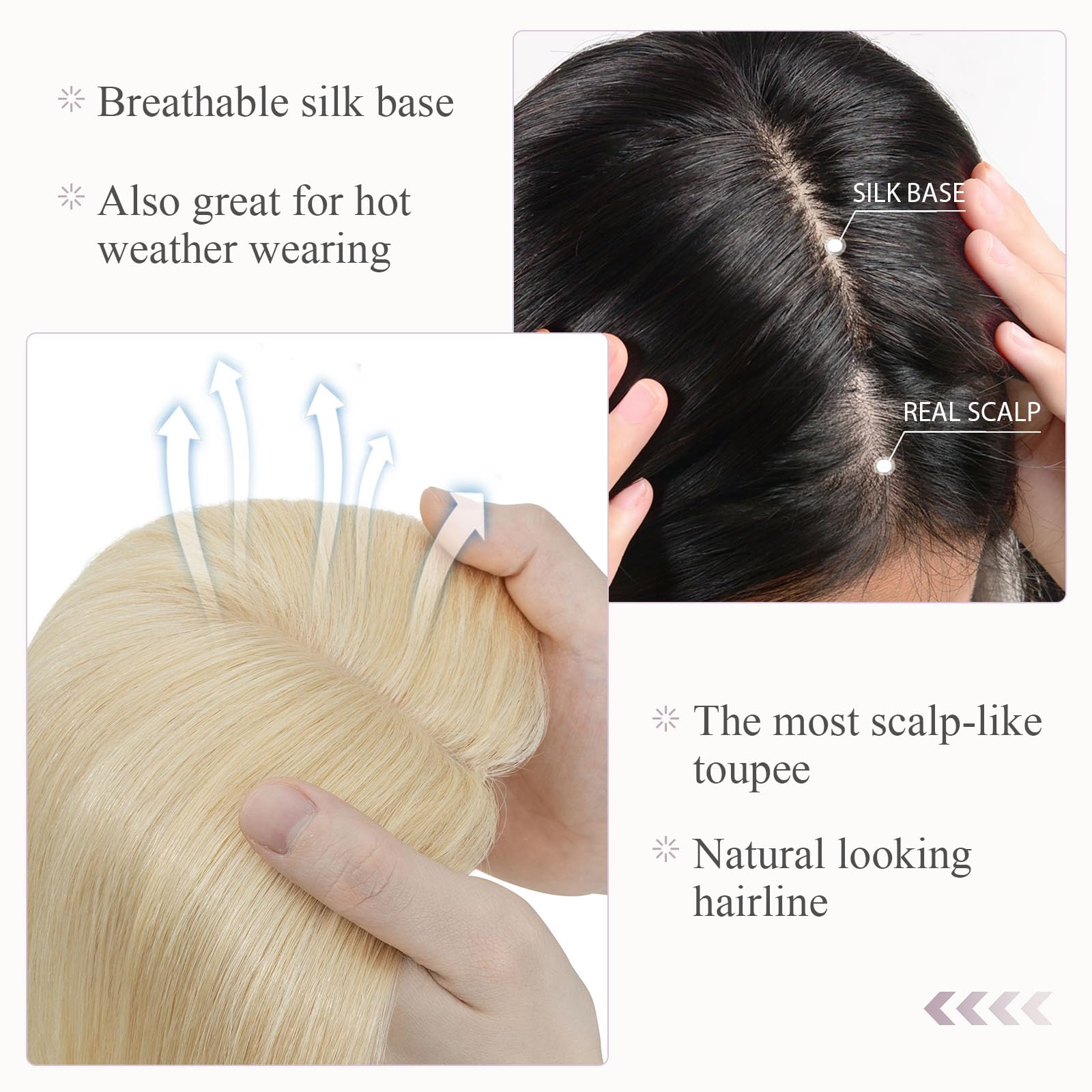 Hairro 100% Human Hair Topper with Silk Base – 18 Inch Bleach Blonde Clip-in Hairpiece for Women (4