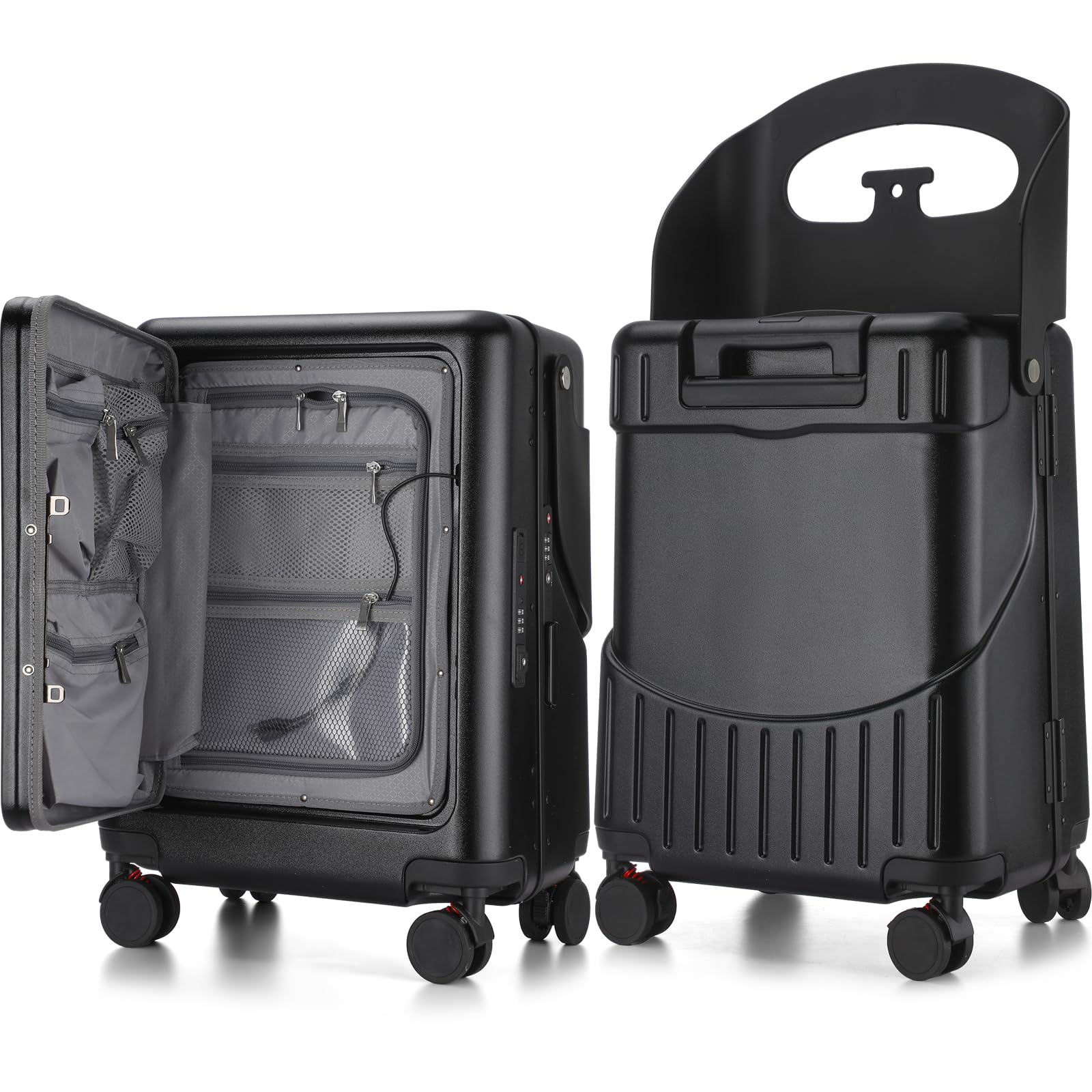 20 Inch Kids Ride-On Luggage with Seat - Top Opening Aluminum Frame Suitcase with 360° Spinner Wheels & TSA Locks - Perfect for Air Travel & Family Vacations (Black)