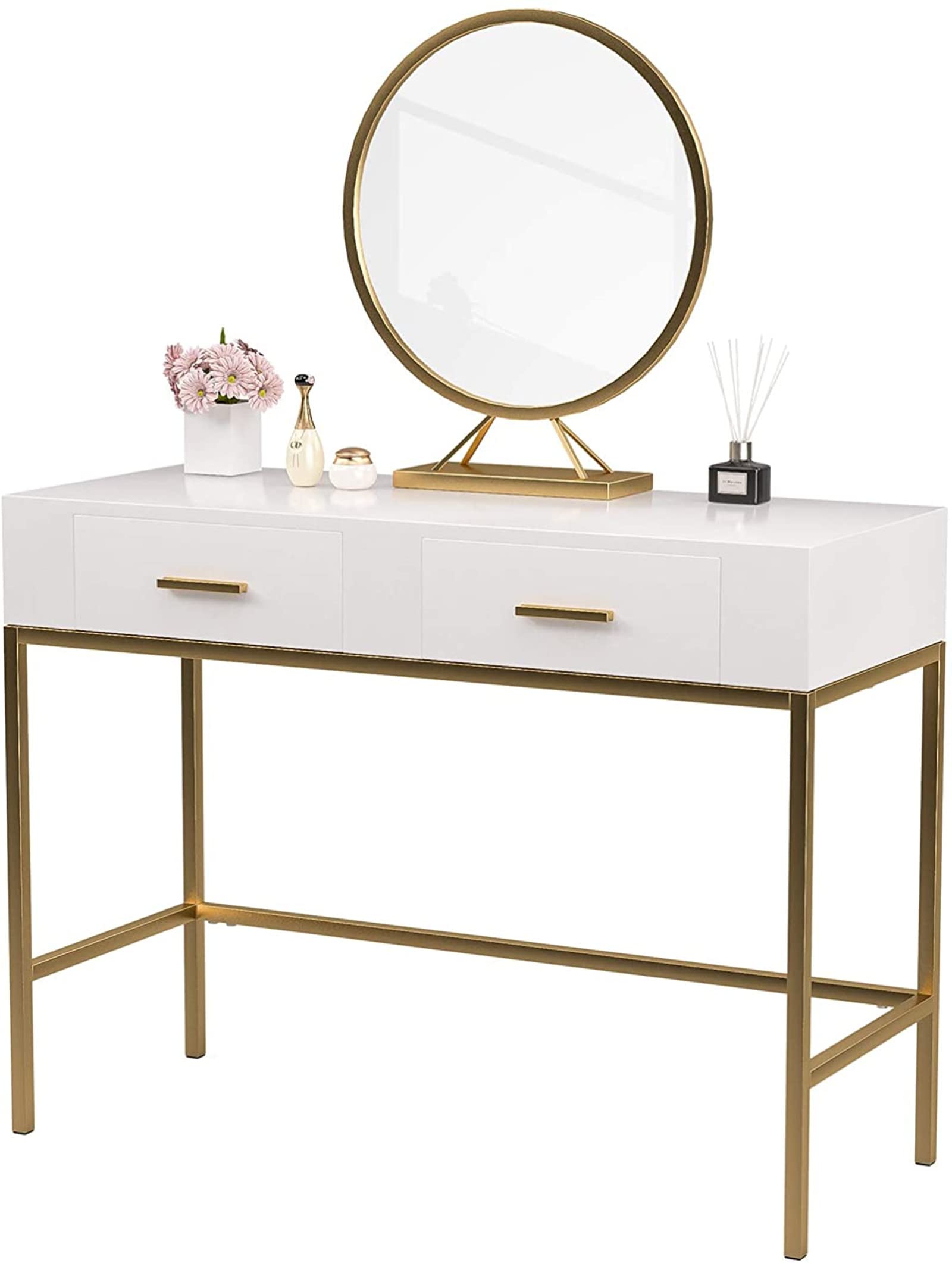 Trlec White Console Table with Golden Metal Legs - 2 Drawer Sofa Side Table & Dressing Table with Large Removable Round Mirror | Perfect for Living Room, Bedroom & Entryway Decor