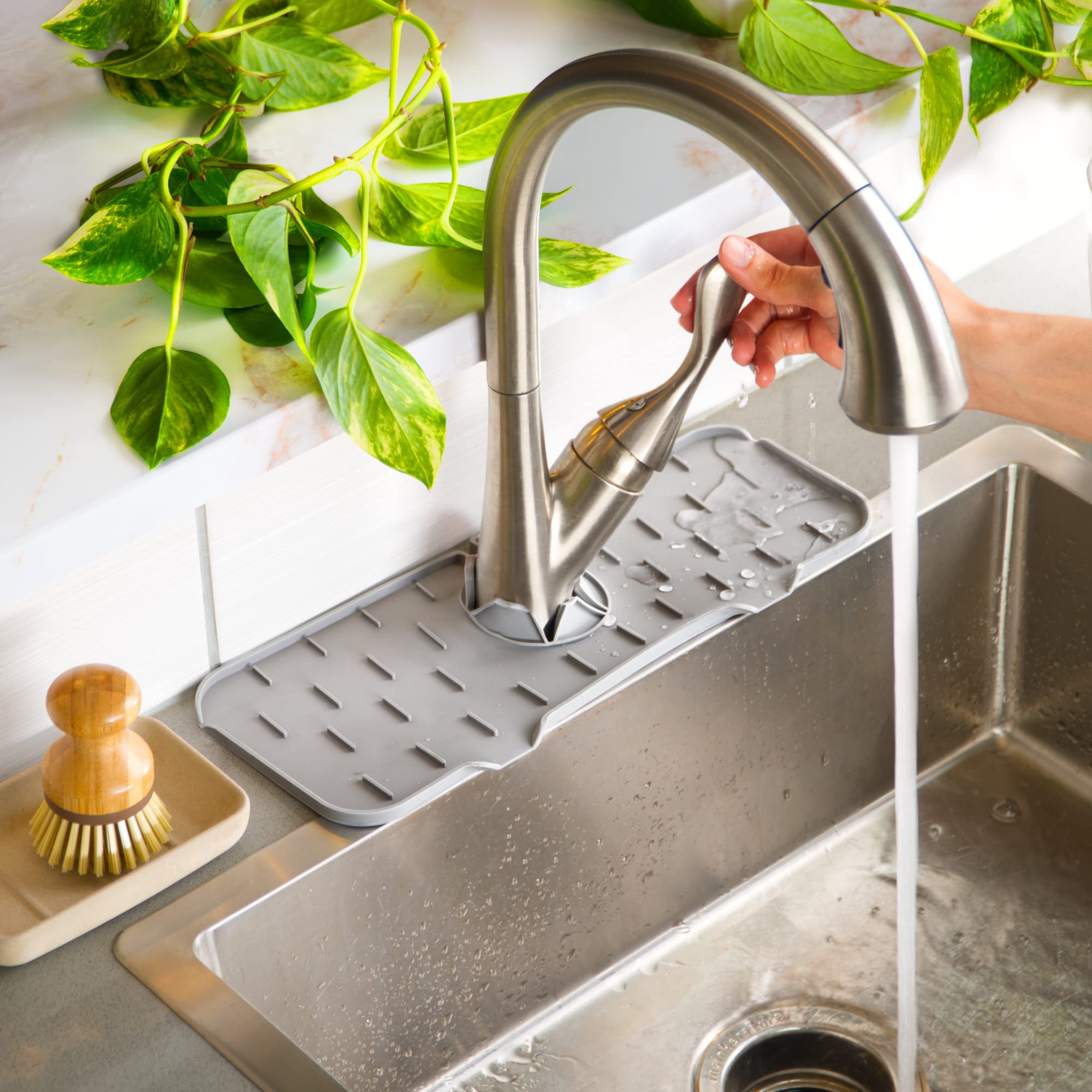 Ternal Silicone Faucet Handle Drip Catcher Tray Mat - Non-Slip Kitchen Sink Accessories, Dish Soap Sponge Holder & Drying Mat for Counter, Bathroom (Grey) | Perfect for Organizing Sink Area & Preventing Water Spills