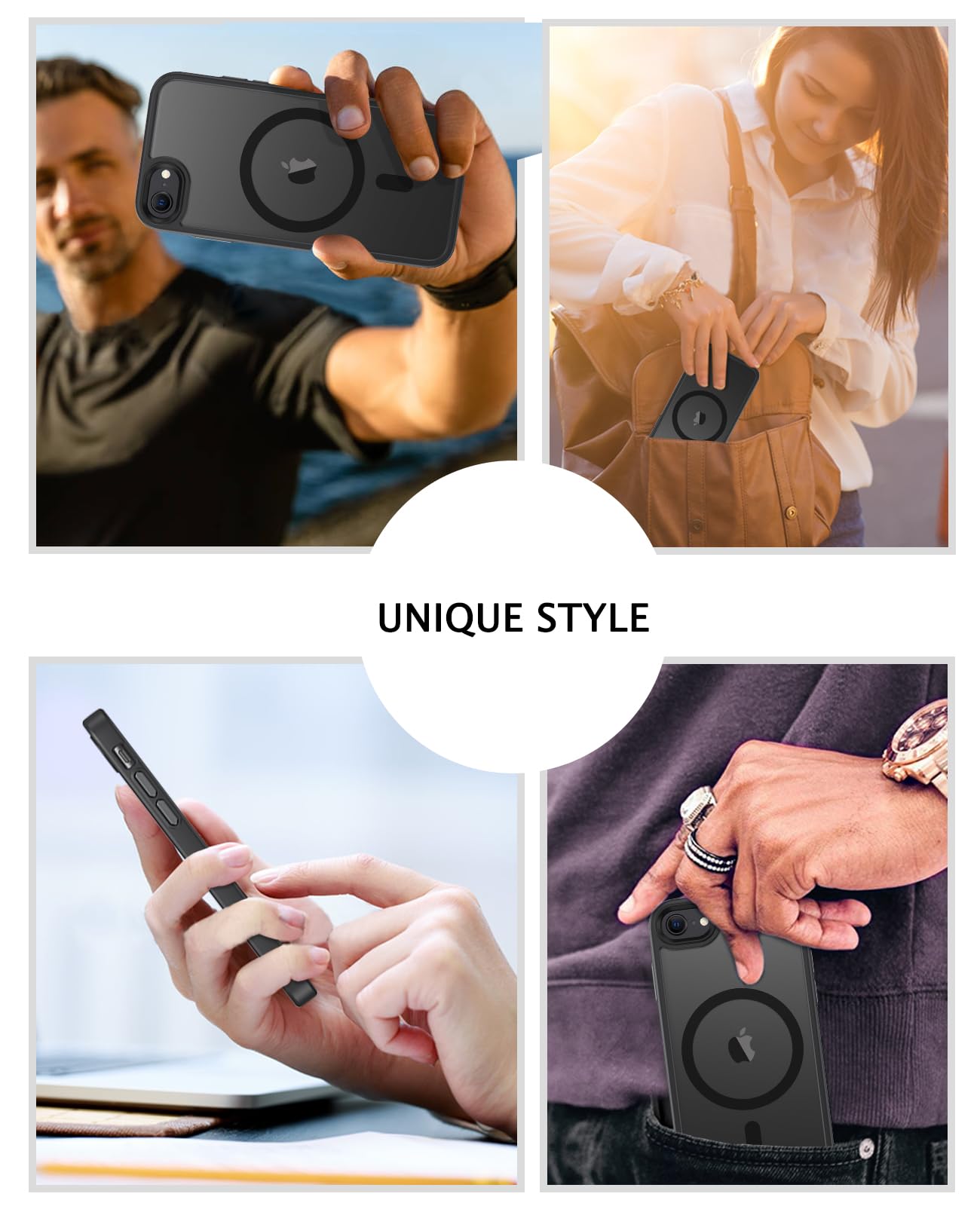 Magnetic iPhone SE Case (2020/2022) & iPhone 8/7 Case - Magsafe Compatible, Translucent Matte Finish, Anti-Scratch Protection - Perfect for Everyday Use, Commuting & Wireless Charging - Black