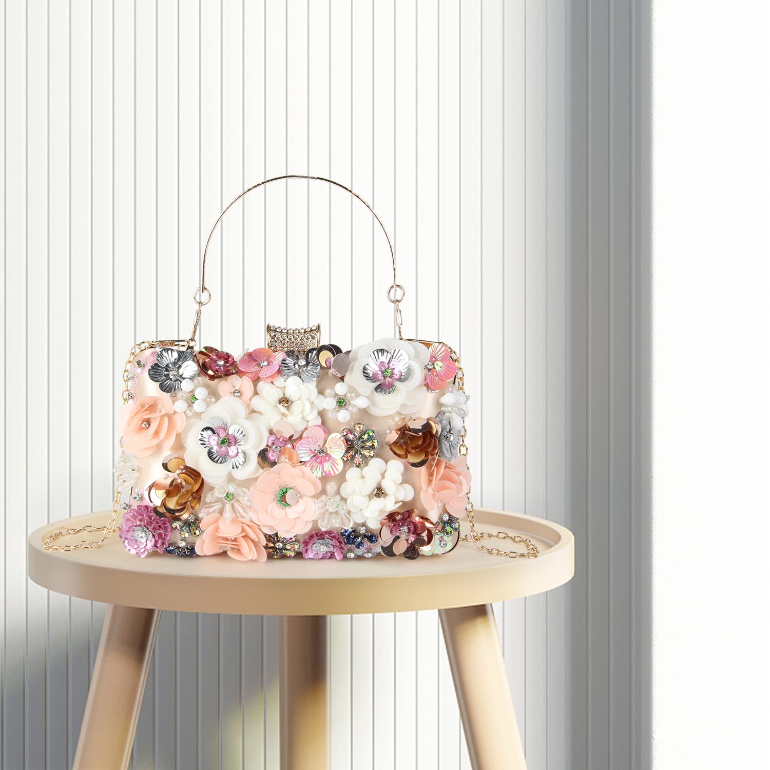 Elegant Floral Beaded Evening Clutch Bag for Women - Wedding Party Bride Shoulder Handbag Purse - Perfect for Formal Events, Dinners & Special Occasions