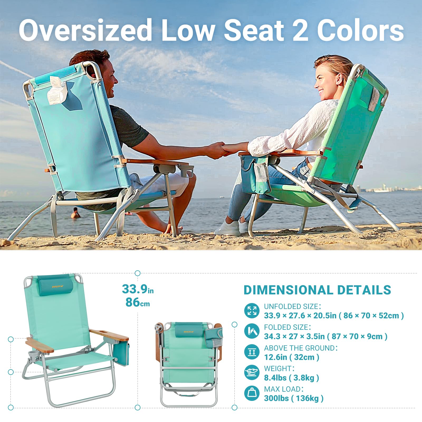 WEJOY 4-Position Folding Beach Chair for Adults - Lightweight Aluminum Frame with Headrest, Wooden Armrests & Cup Holder - Supports 300LBS - Perfect for Beach, Camping, Picnic, BBQ & Backyard Relaxation