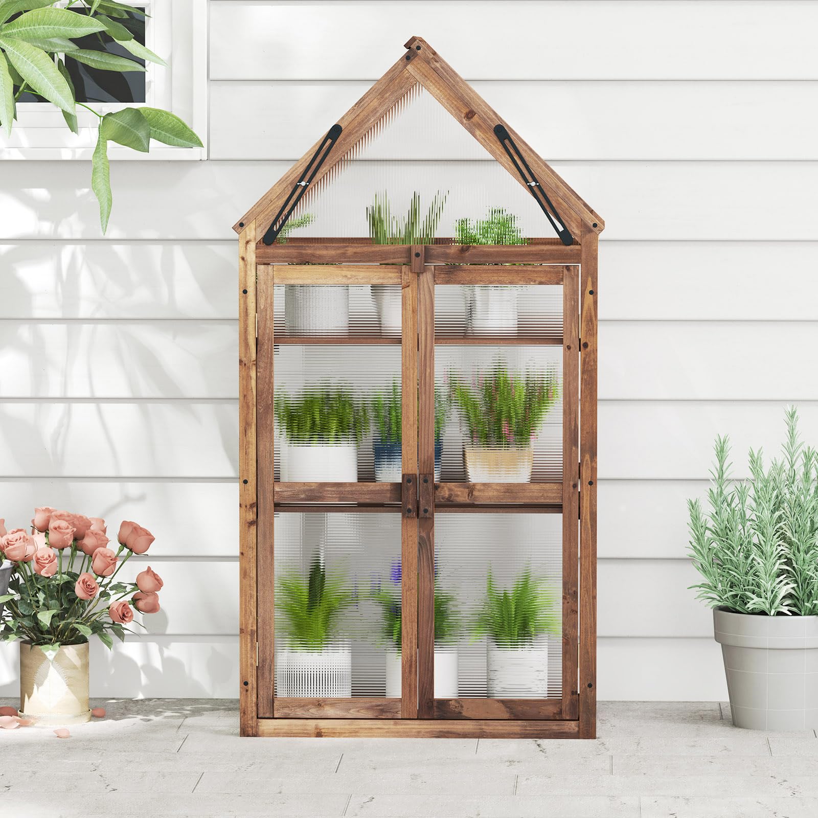 Happygrill Cold Frame - Mini Wooden Greenhouse with Transparent Openable Roof, Raised Flower Planter Shelf & 3 Adjustable Shelves, Polycarbonate Panels - Indoor/Outdoor Small Wood Greenhouse Cabinet for Gardening, Seed Starting & Plant Protection