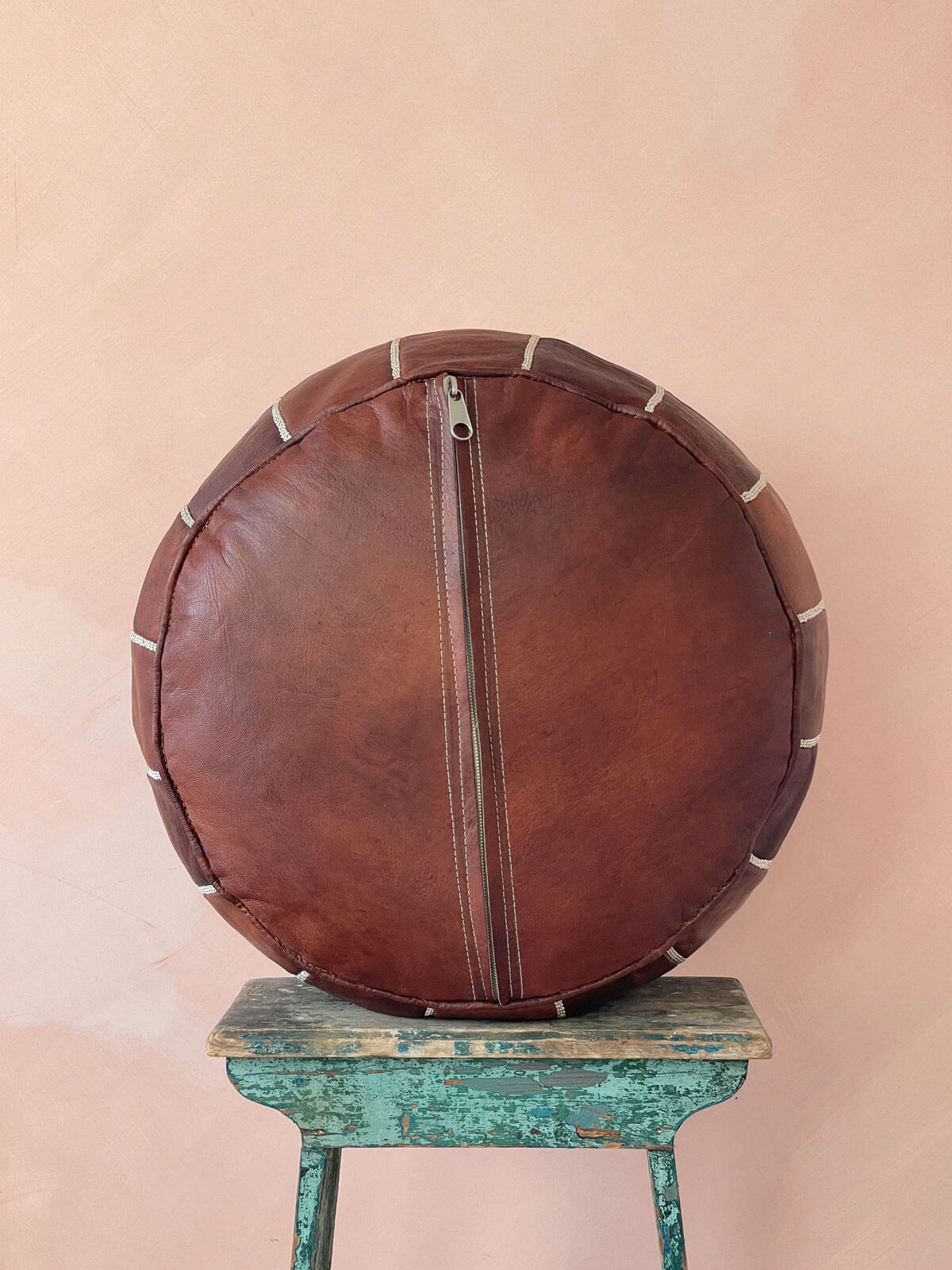 Handmade Moroccan Leather Pouffe Ottoman - Genuine Leather Footstool, Chestnut Brown - Perfect for Living Room, Bedroom, or Boho Home Decor