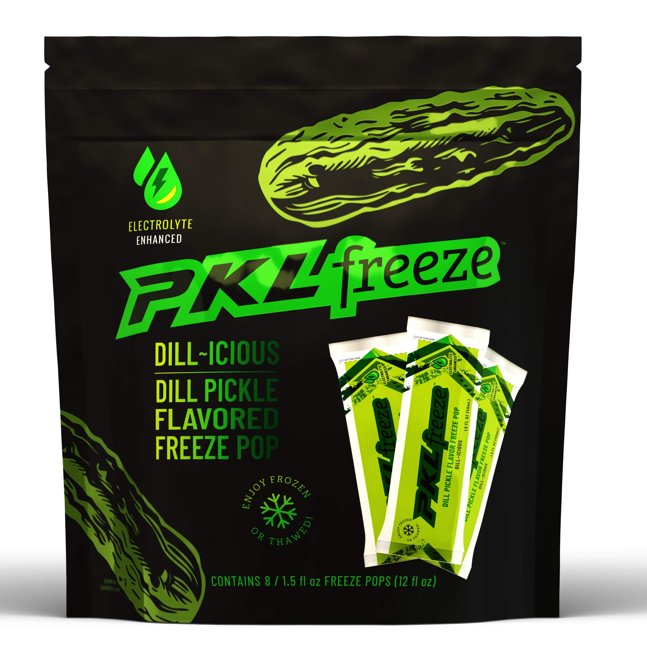 PKLfreeze Dill Pickle Flavored Freeze Pops - 1.5 Oz Packets (32 Count) - Tangy & Refreshing Frozen Snacks for Summer Parties, BBQs, and Kids' Lunch Boxes