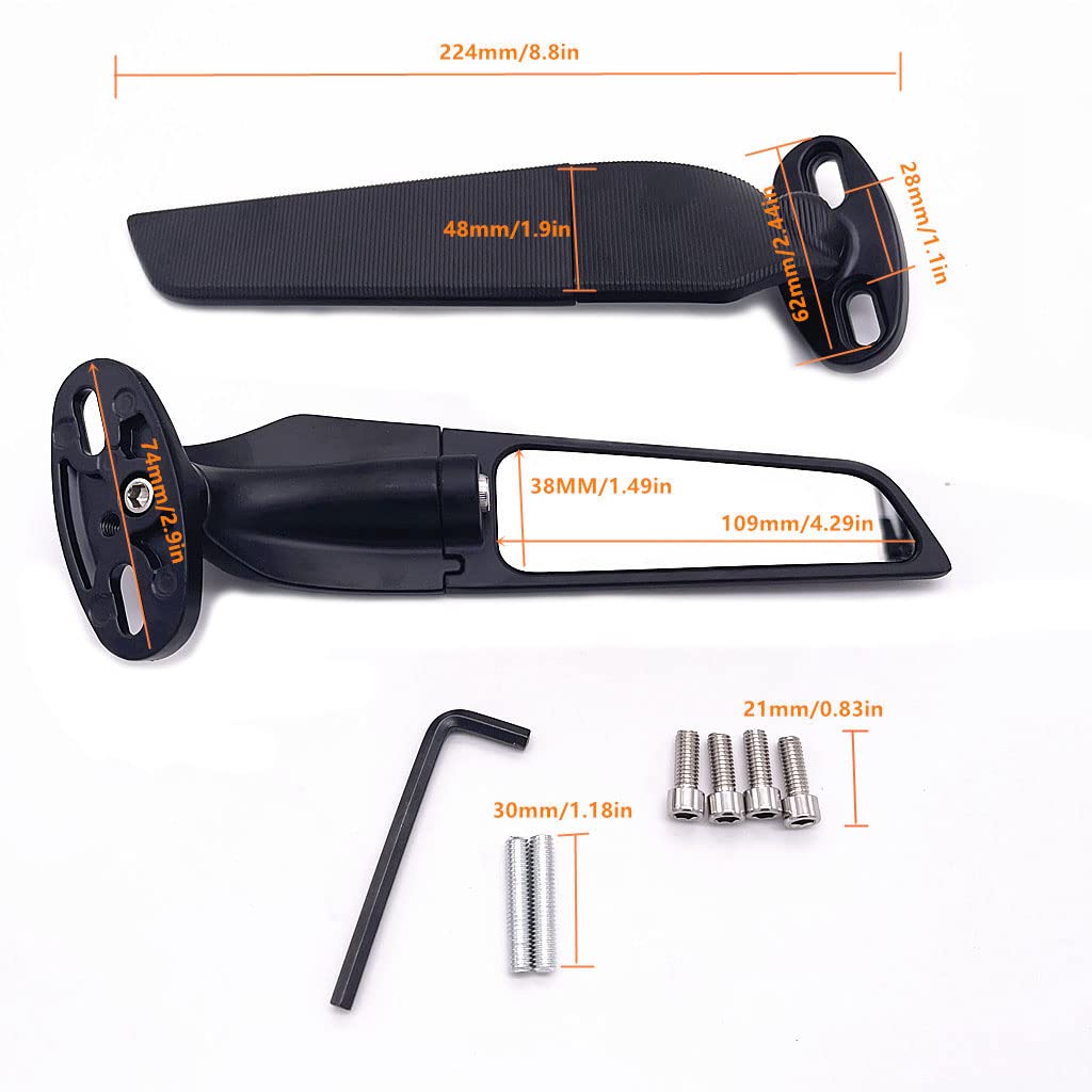 1 Pair Adjustable Rotating Motorcycle Side Mirrors - Wide Viewing Angle Wing Rearview Mirrors for Kawasaki Ninja 300/400/650/ZX6R & Honda CBR1000RR - Enhanced Safety for Street & Highway Riding