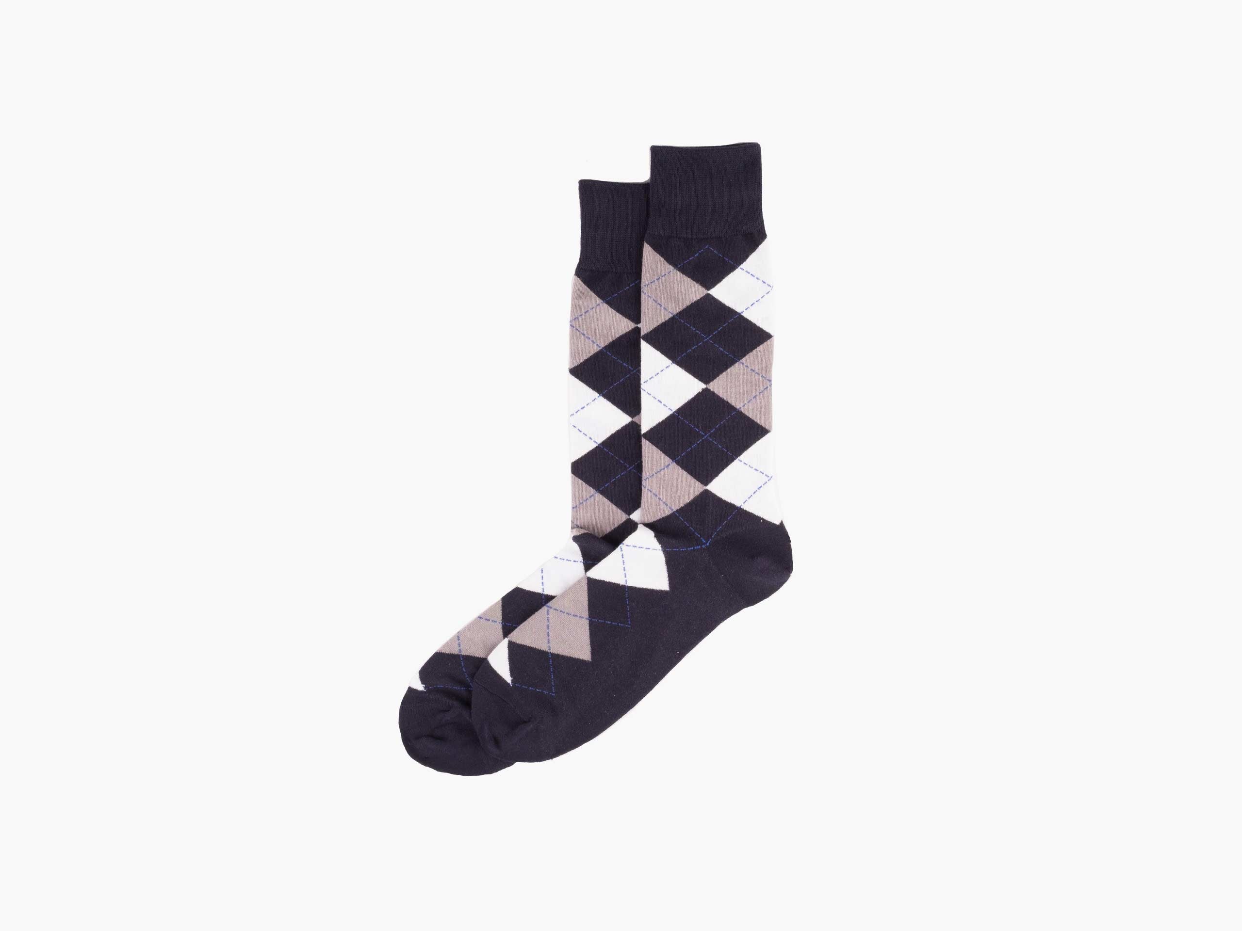 Argyle Navy Blue Grey White Socks for Men - Comfortable Dress Socks for Business, Office & Formal Occasions