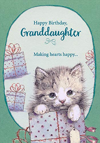 Designer Greetings Gray Kitten Birthday Card with Paws on Present - Perfect for Granddaughter's Birthday, Anniversary & Special Occasions | Cute Cat Greeting Card for Kids, Grandchildren & Animal Lovers