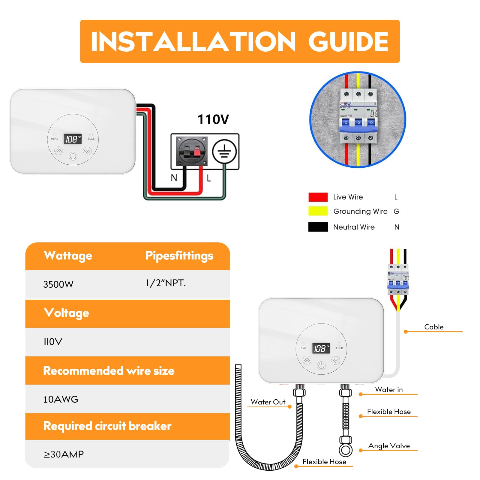 3.5KW White Electric Tankless Water Heater with LED Display - On Demand Instant Hot Water, Auto Control, Fault Self-Test & Fahrenheit/Celsius Conversion - Perfect for Small Apartments, RVs & Bathrooms