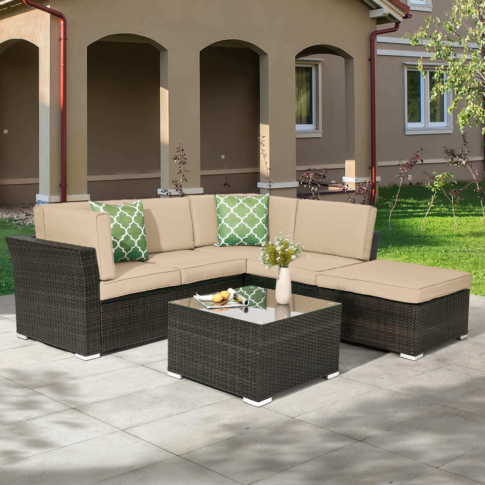 MISSBRELLA 5-Piece Outdoor Patio Furniture Set - Dark Brown Wicker Rattan Sectional Sofa with Sand Cushions & Tempered Glass Tabletop - Perfect for Backyard, Garden, Poolside or Deck Relaxation