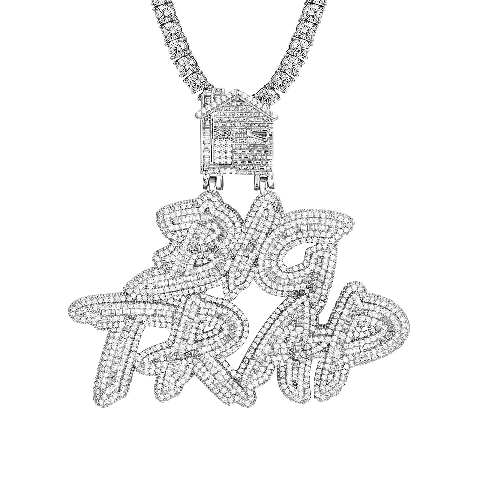 White Gold Tone Big Trap House Men's Baguette Icy Pendant Necklace - Hip Hop Jewelry for Men, Streetwear Accessory, Gift for Rappers & Urban Fashion Lovers