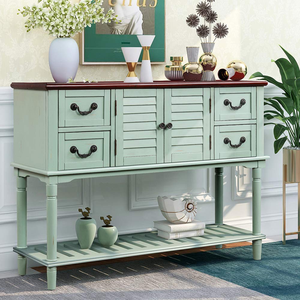 Antique Blue Console Table with Shutter Doors & Drawers - Living Room & Entryway Storage Cabinet