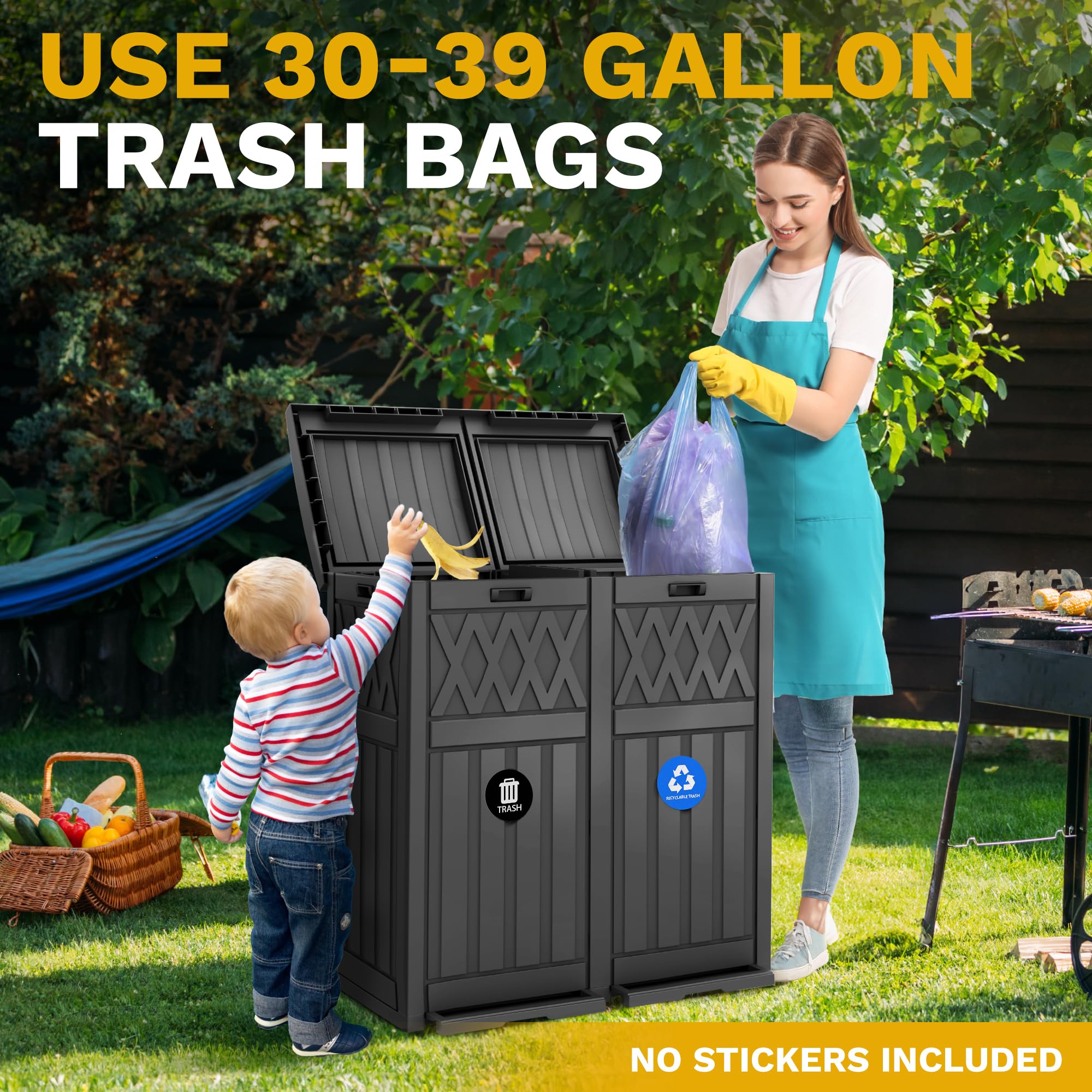 DWVO 66 Gallon Outdoor Trash Can with Lid - Waterproof Resin Double Bin Garbage Can with Drip Tray - Perfect for Patio, Deck, Backyard & Kitchen Waste Management - Black