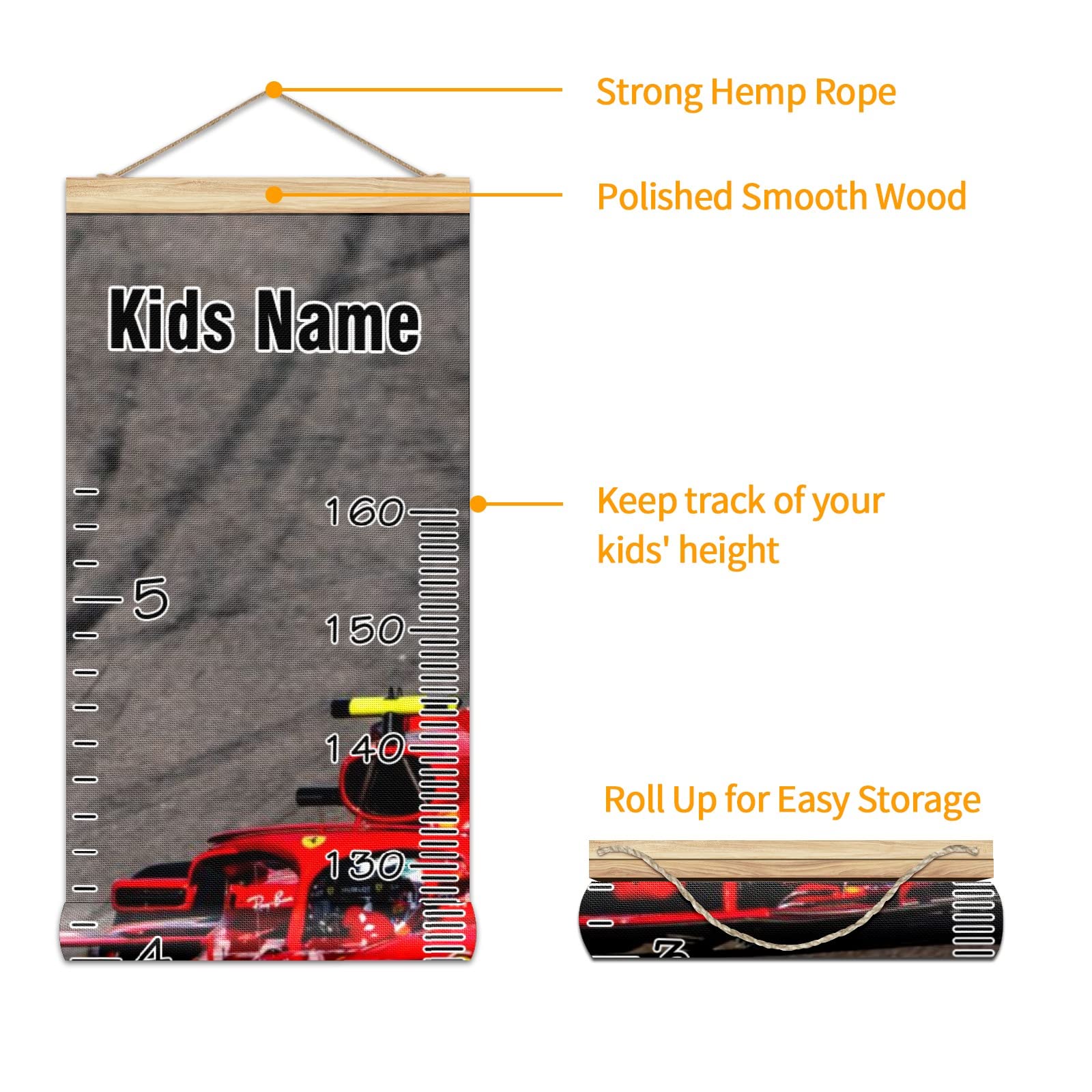 Personalized Kids Name Growth Chart Ruler - Wooden Wall Height Measurement Tool 13.4x56 inches with Linen Finish - Race Car Themed Nursery Decor for Boys & Girls - Perfect for Tracking Child's Growth in Bedroom, Playroom or Nursery