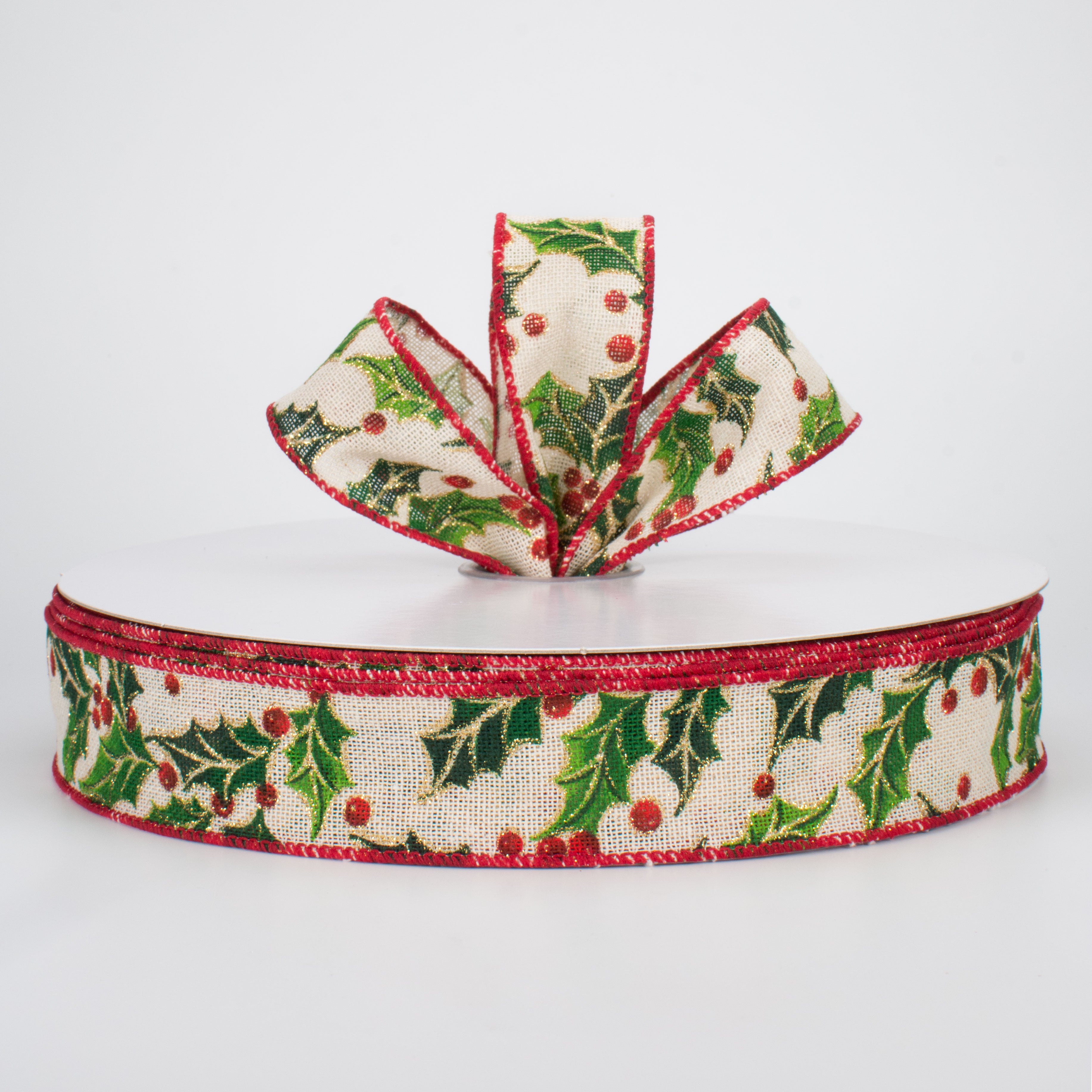 1.5 Inch Glittered Holly on Canvas Ribbon - 50 Yards Bulk Roll for Christmas Gift Wrapping, Holiday Decorations, DIY Crafts and Party Supplies