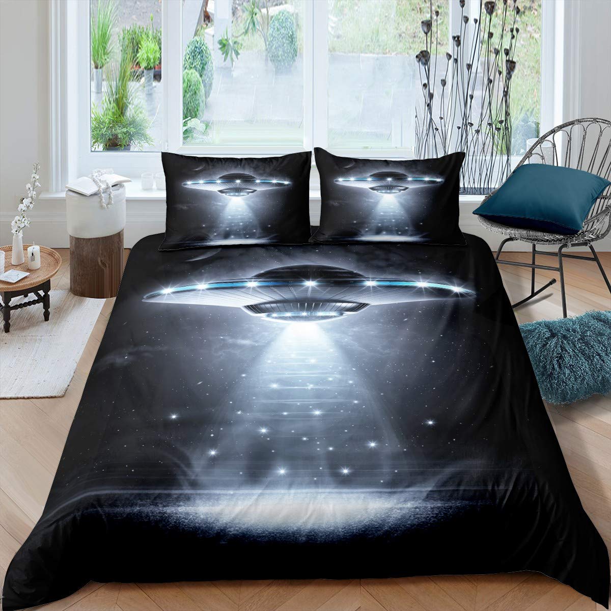 Feelyou UFO Duvet Cover Set - Alien Outer Space Themed Twin Size Comforter Cover for Kids, Girls & Teens - Supernatural Martian Microfiber Bedding Set (2PC) - Perfect for Sci-Fi Themed Bedrooms & Space Enthusiasts