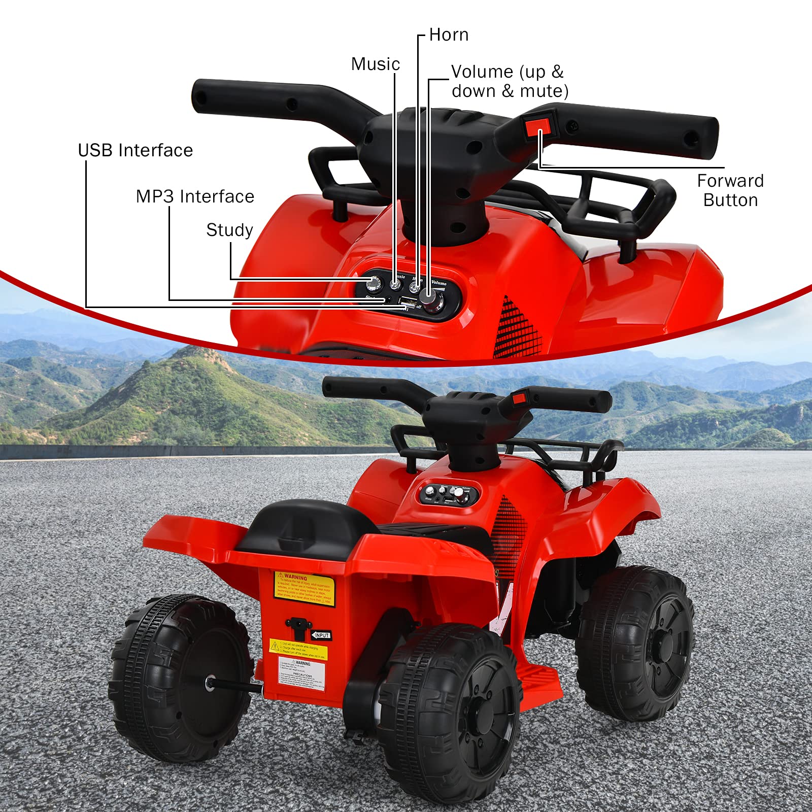 Costzon 6V Kids Electric ATV Quad - Battery Powered Ride-On Toy with Storage Basket, Headlights, Horn & Music for Toddlers 18-36 Months | Outdoor Play, Birthday Gift for Boys & Girls (Red)
