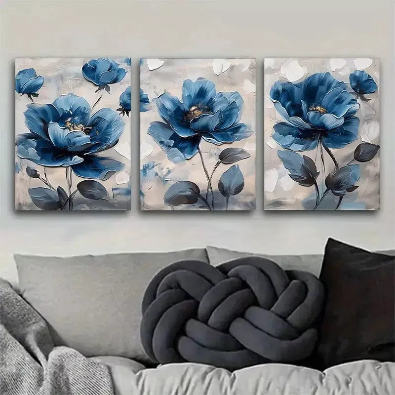 3-Piece Abstract Blue Flowers Modern Art Canvas Set - 50x70cm Framed Wall Decor | High-Quality Print, 100% Australian Made | Ready to Hang for Living Room, Bedroom & Office Decor