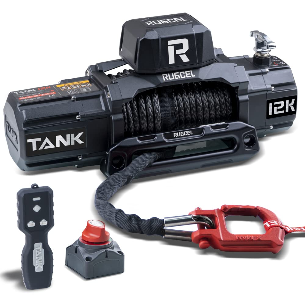 RUGCEL 12000lb Waterproof Electric Winch with Synthetic Rope - 12V Truck & SUV Winch Kit with Hawse Fairlead, 2-in-1 Remote Control (Infrared & Wired) - Ideal for Off-Roading, Recovery, Towing & Heavy-Duty Vehicle Use