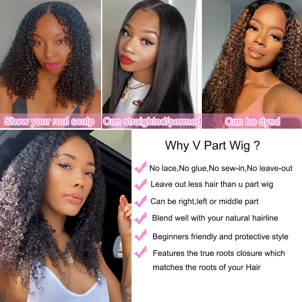 V Part Wig Human Hair Kinky Curly 20 Inch - Glueless No Leave Out U Part Wigs for Black Women | 180% Density Natural Black Human Hair Wigs | Perfect for Daily Wear, Parties & Protective Styling
