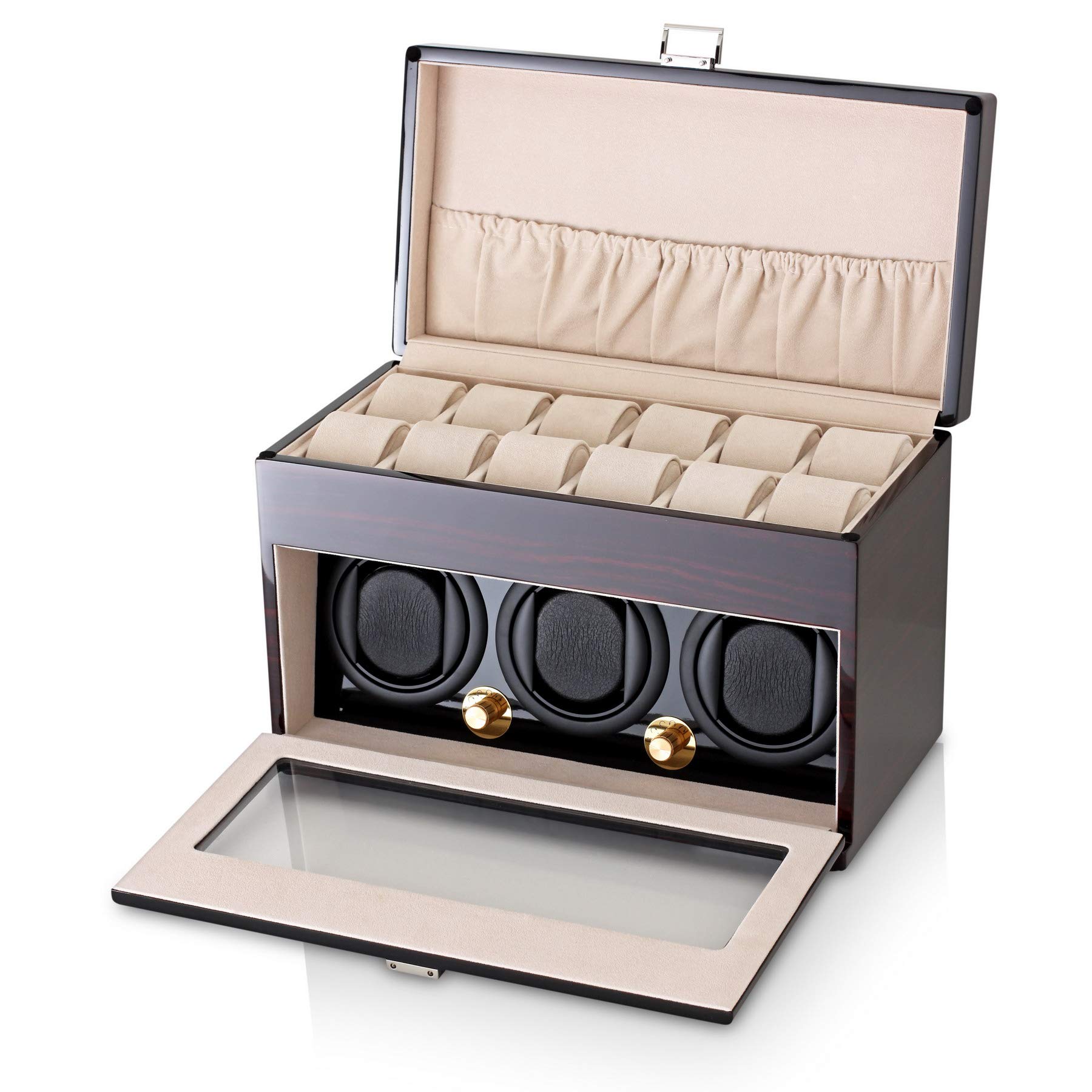 Premium Automatic Watch Winder for 3 Watches with 12-Slot Storage Box | Perfect for Automatic Watch Collection, Display & Protection | Home, Office & Travel Use