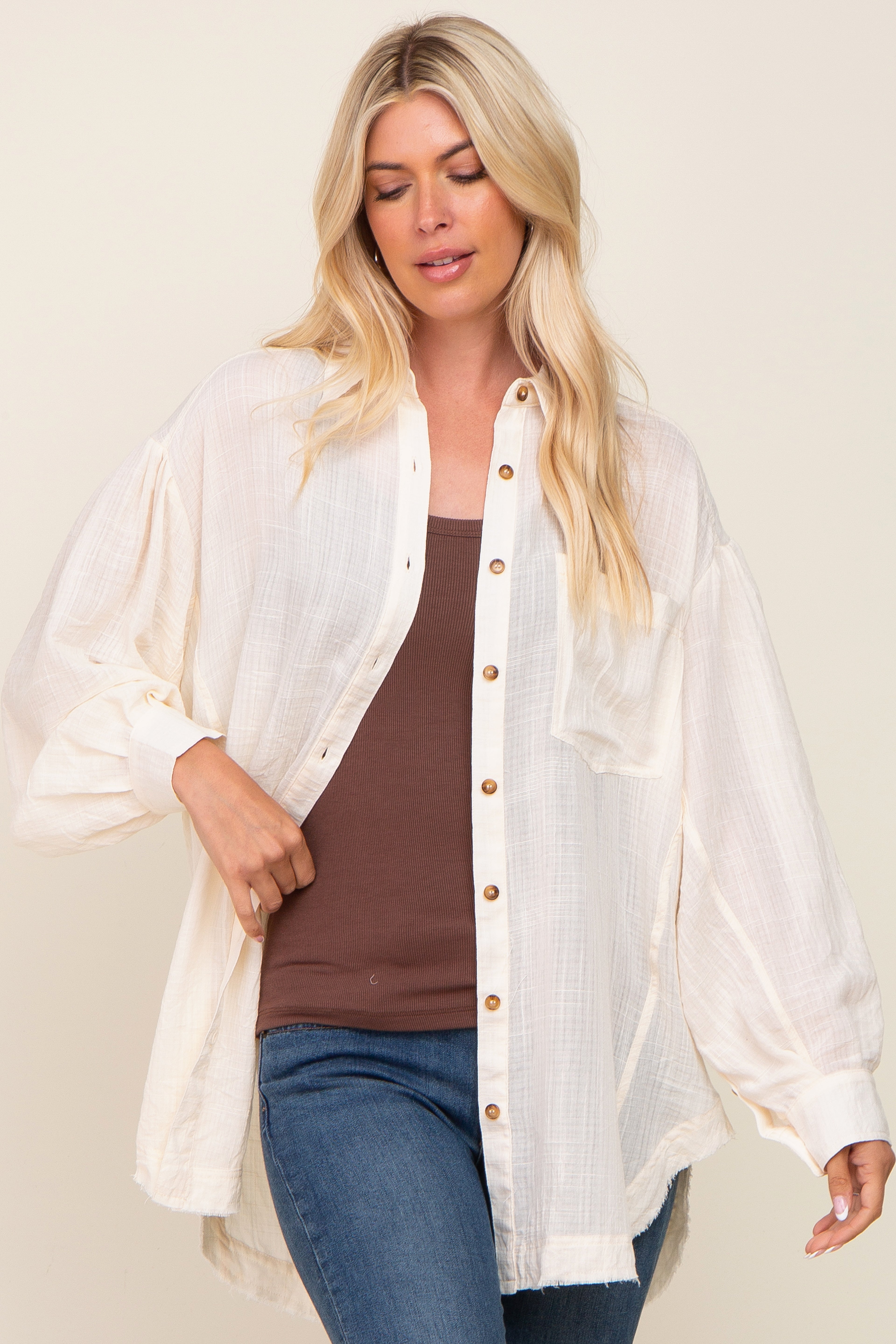 Beige Linen Collared Button Up Shirt for Women - Raw Edge Casual Blouse for Summer, Office & Vacation Wear
