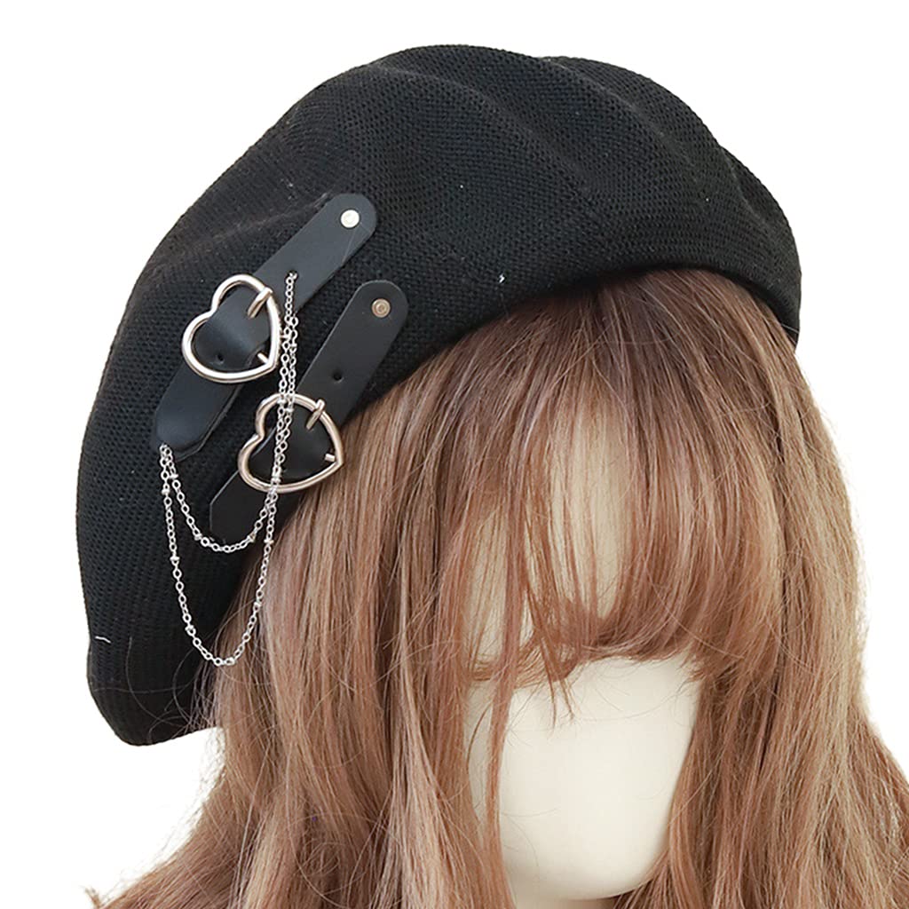 Ruzida Lolita Heart Buckle Beanie Hat - Sweet Preppy Style Beret for Girls, Breathable JK Fashion Hair Accessory (Black, Medium) - Perfect for School, Cosplay & Winter Outfits