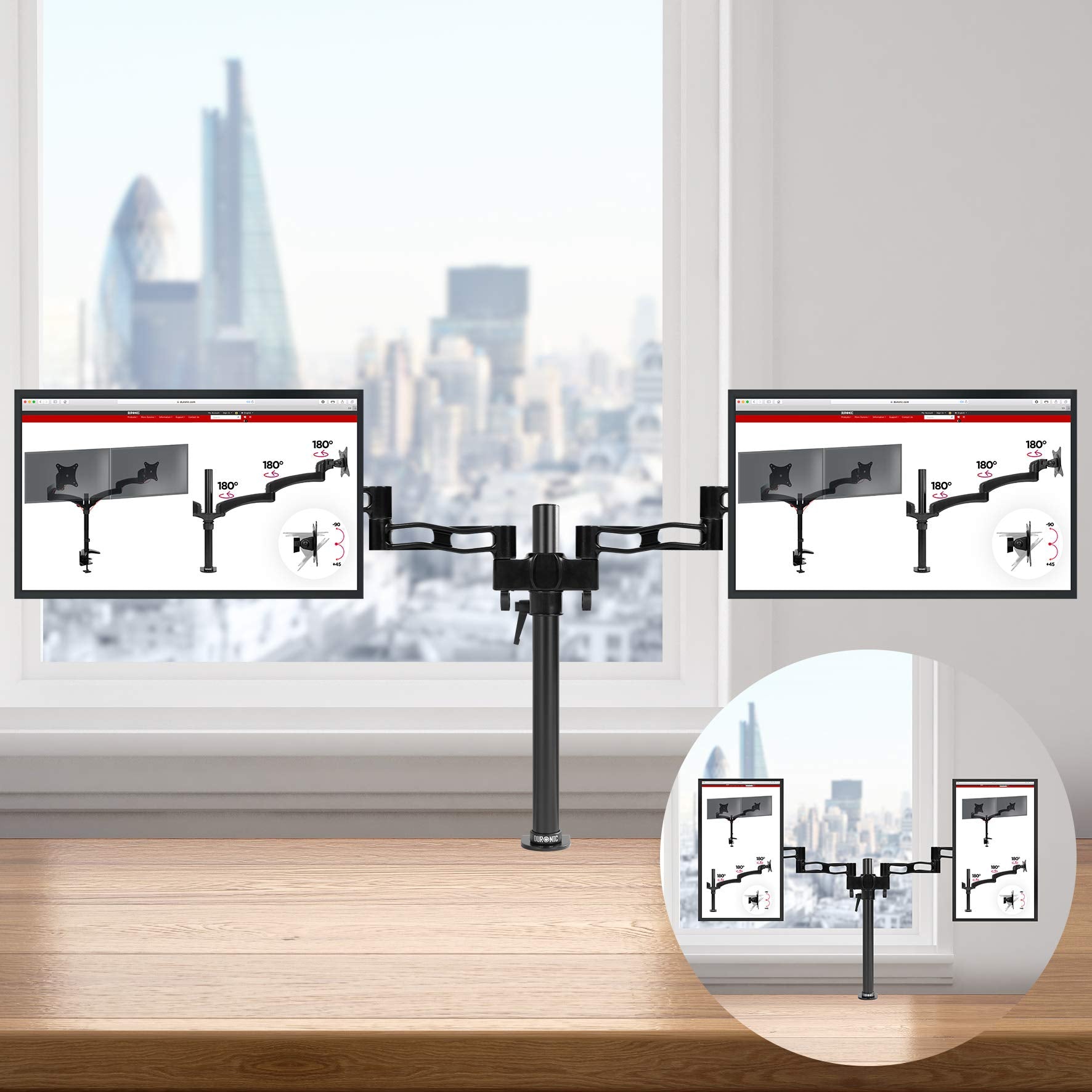Duronic DM352 Dual Monitor Stand - Adjustable Freestanding Desk Mount for 13-27 Inch LCD/LED Screens, VESA 75/100 Compatible, 8kg Capacity, 15° Tilt, Black - Perfect for Home Office, Gaming Setup & Workspace Ergonomics